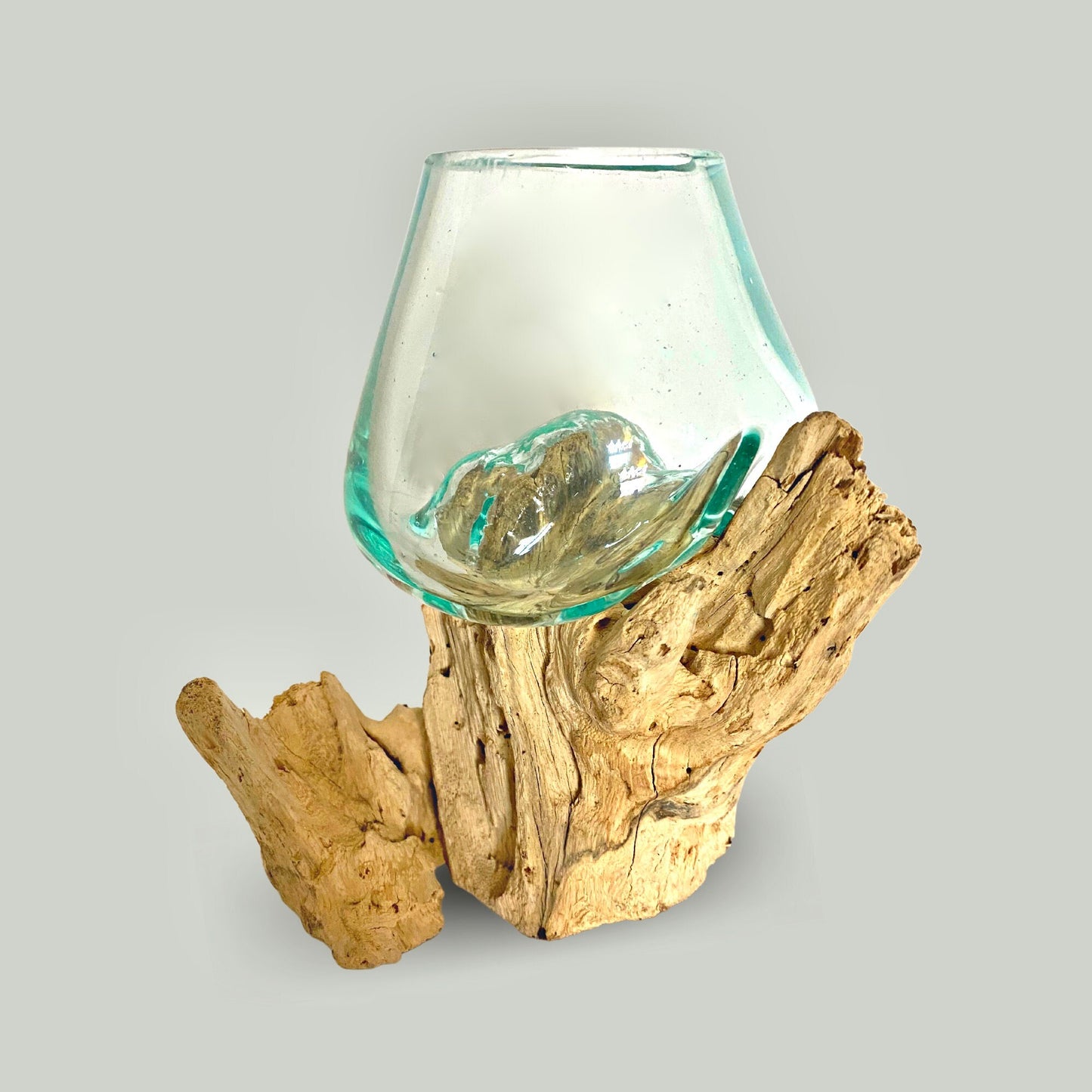 Hand Blown Glass Plant Propagation Vase: Slumped on Reclaimed Teak Wood Base, Balinese Decor