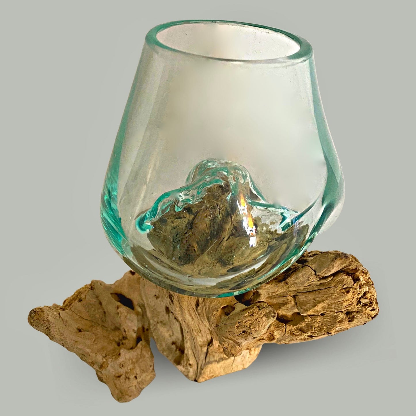 Hand Blown Glass Plant Propagation Vase: Slumped on Reclaimed Teak Wood Base, Balinese Decor