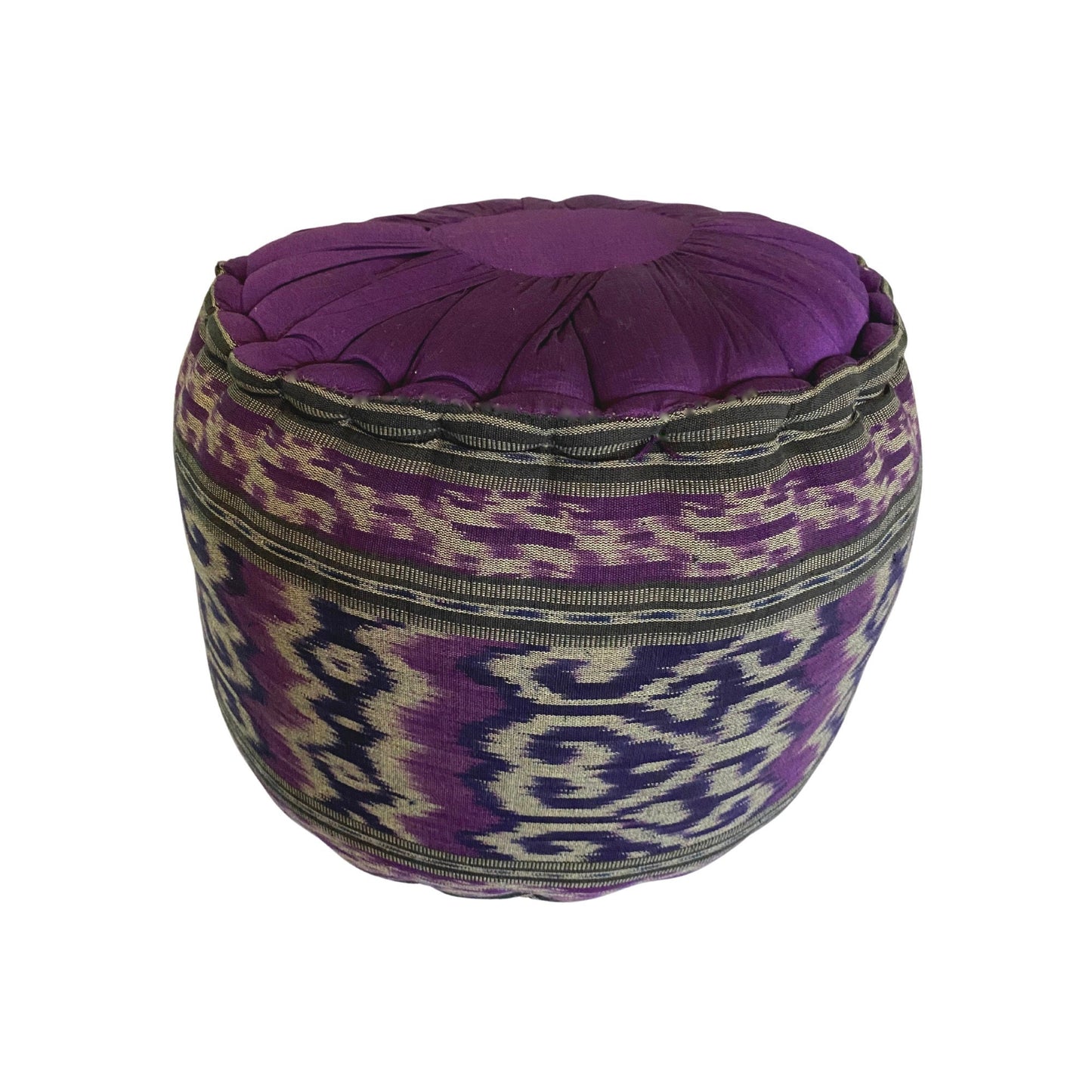Handwoven Ikat Floor Pillow Pouf: Purple Batik Ottoman, Organic Kapok Filled
