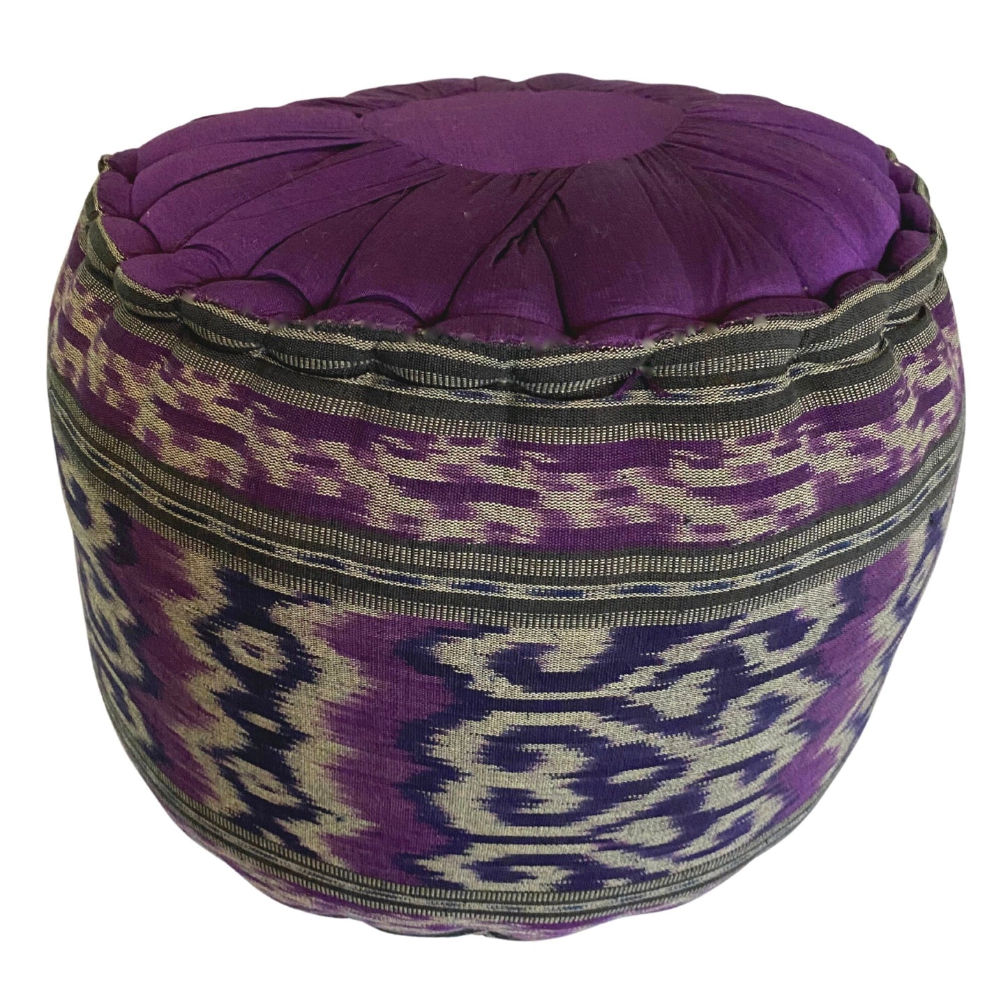 Handwoven Ikat Floor Pillow Pouf: Purple Batik Ottoman, Organic Kapok Filled