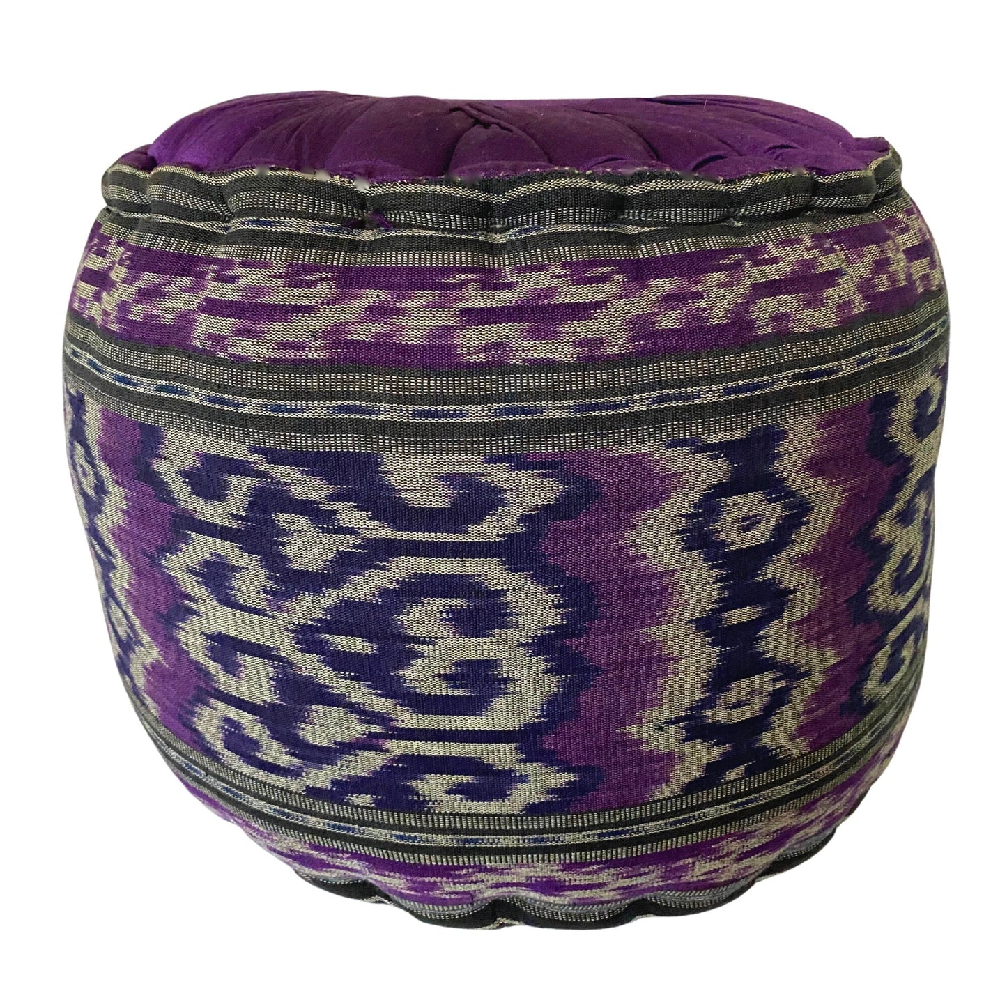 Handwoven Ikat Floor Pillow Pouf: Purple Batik Ottoman, Organic Kapok Filled