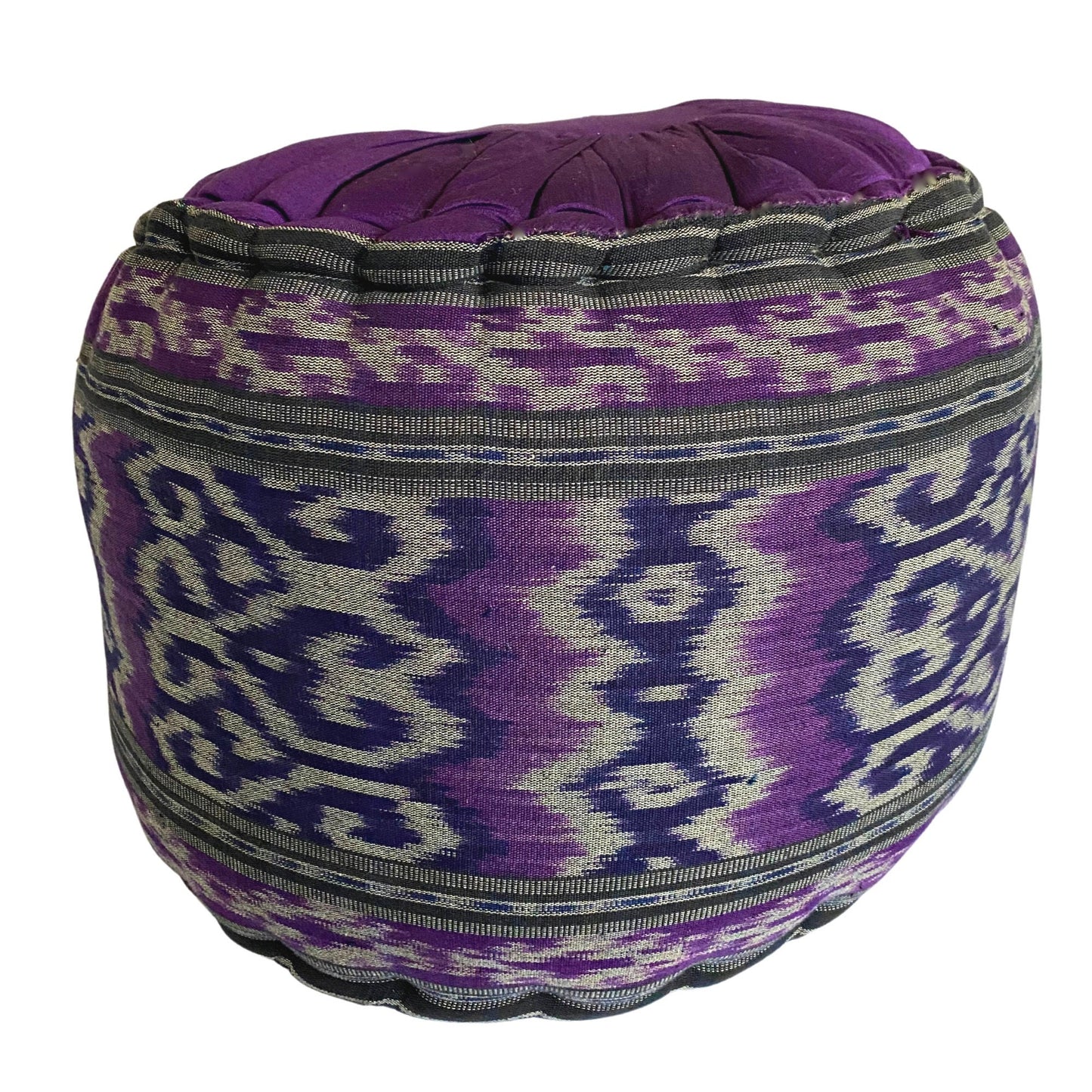 Handwoven Ikat Floor Pillow Pouf: Purple Batik Ottoman, Organic Kapok Filled