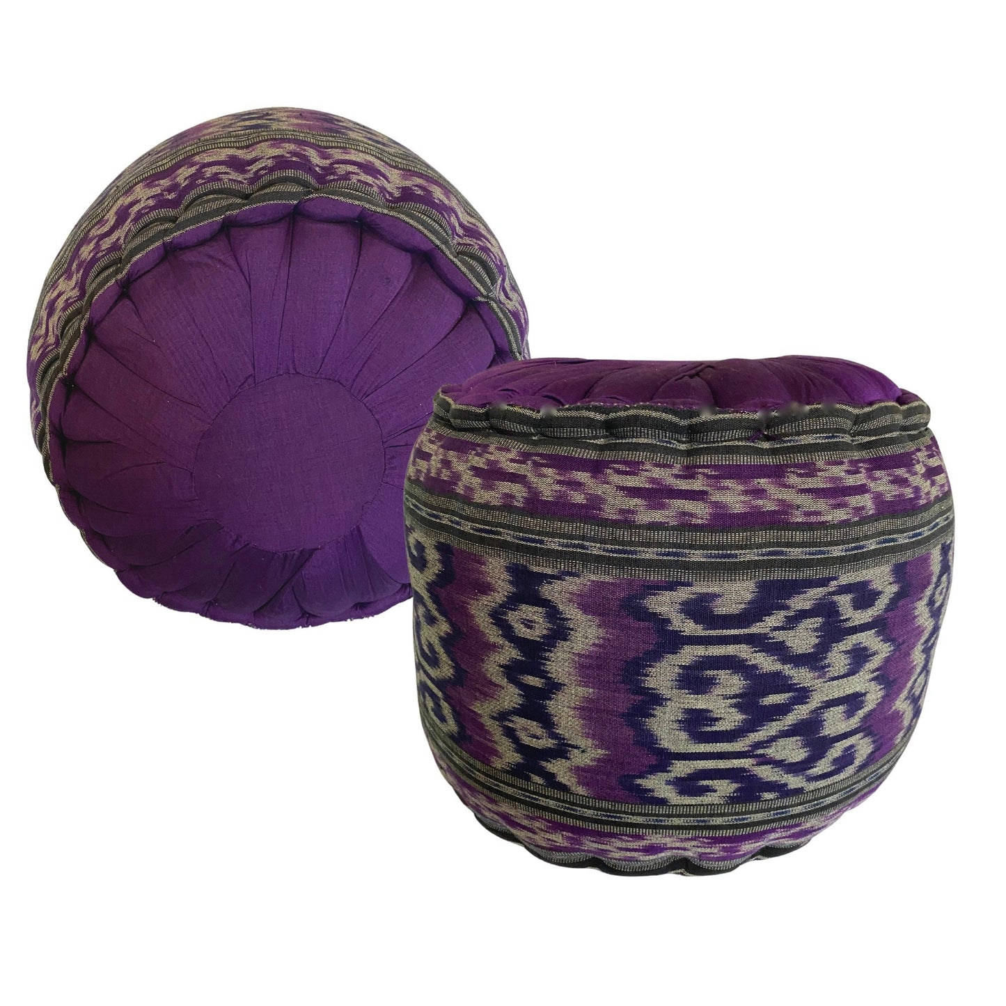 Handwoven Ikat Floor Pillow Pouf: Purple Batik Ottoman, Organic Kapok Filled