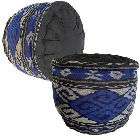 Ikat Floor Pillow Pouf Ottoman Cushion Hand woven Blue Balinese Textile  Handcrafted Organic Kapok Bali Batik Boho decor