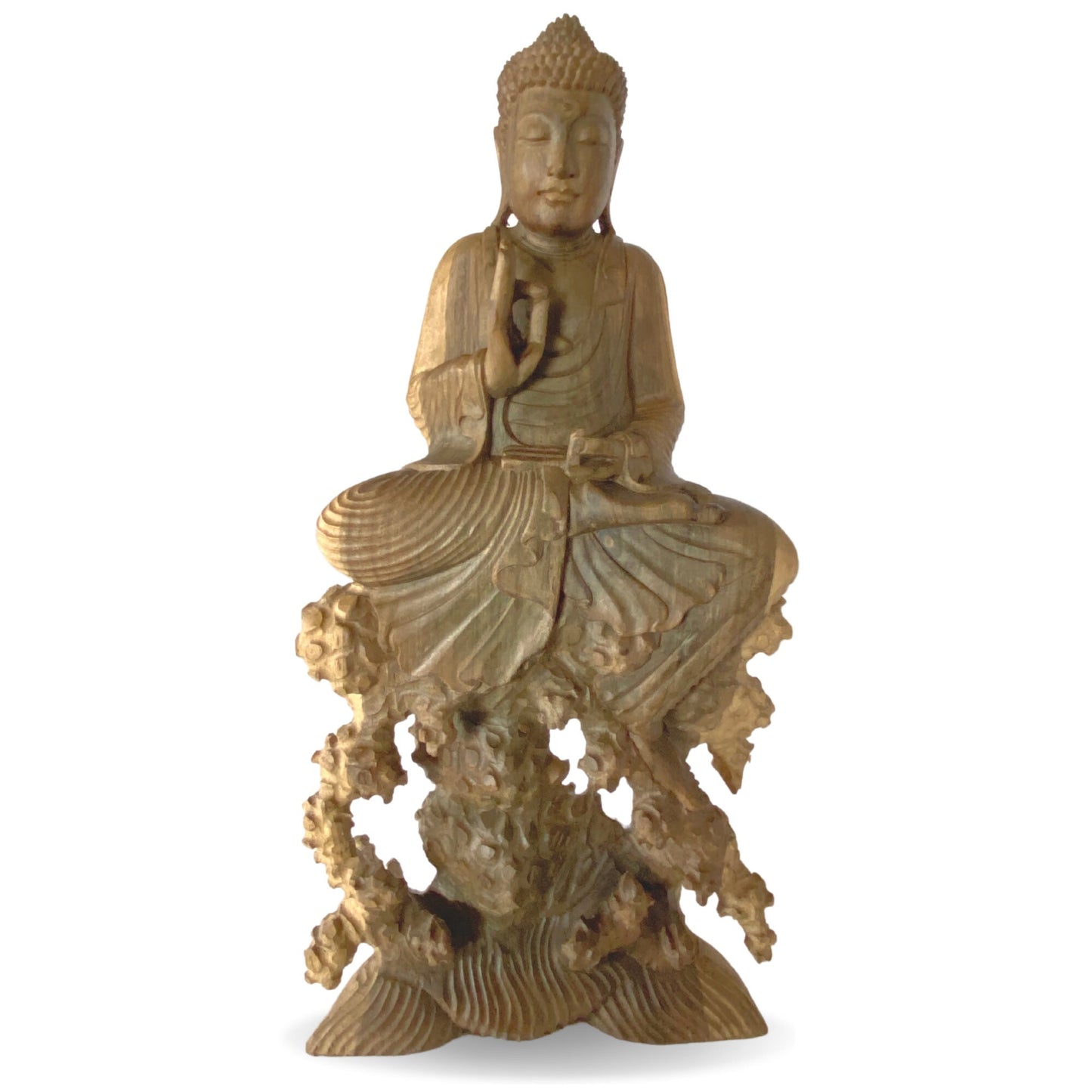 Meditating No Fear Buddha Sculpture Abhaya Mudra Statue Balinese Art Hand Carved Wood carving Eclectic Asian Decor