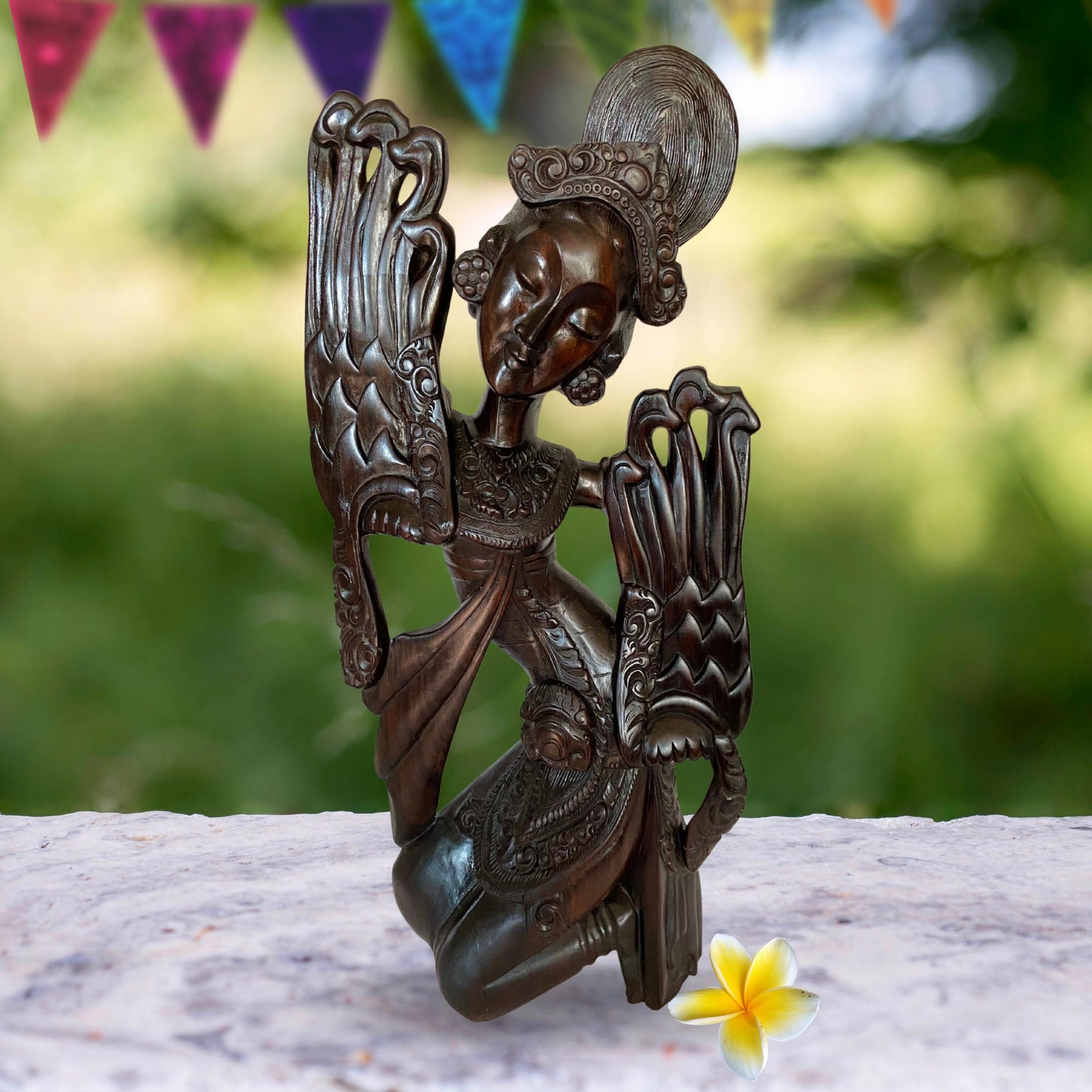 Vintage Balinese Wood Carving Legong Cendrawasih Dancer Sculpture Hand Carved Sono Wood Statue Bali Art Deco ooak