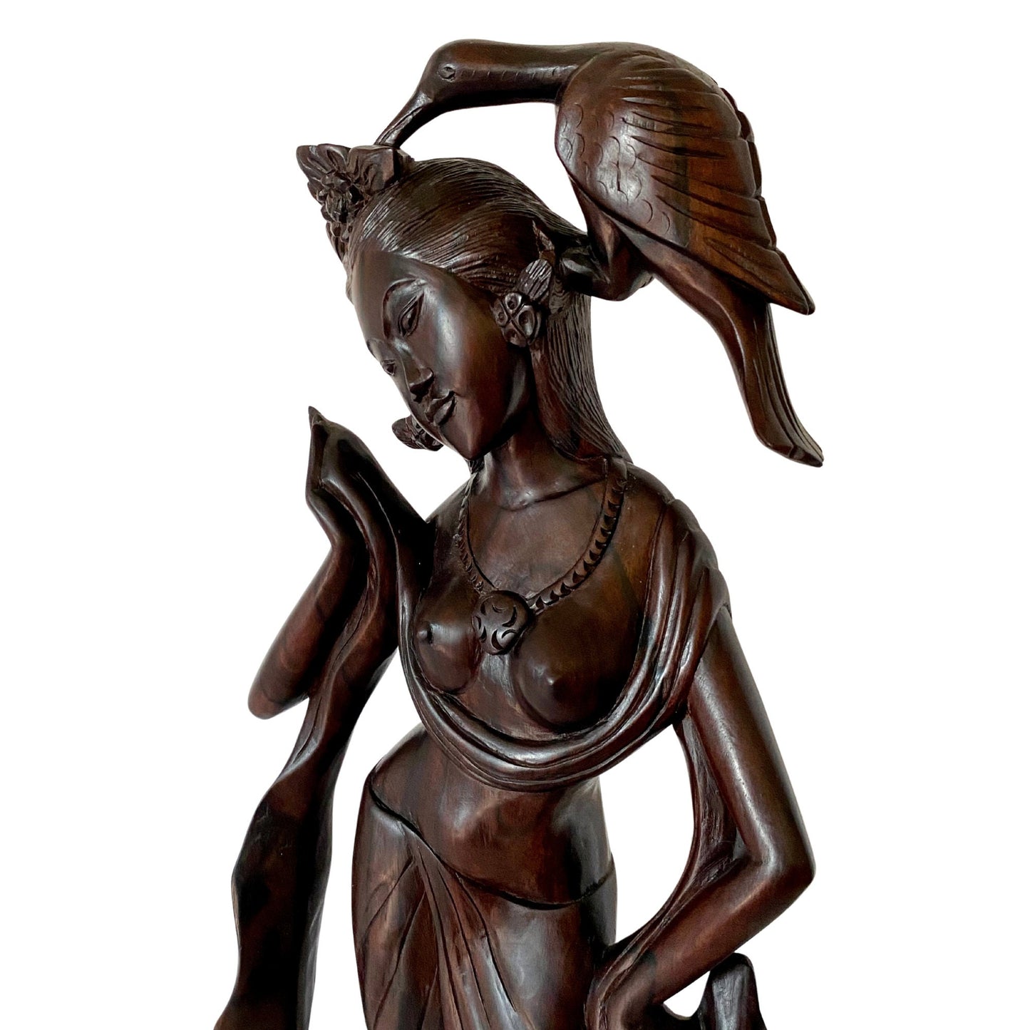 Balinese Dewi Sri Bawang Golden Bird Goddess Sculpture Vintage Hand Carved Sono Wood Carving Statue Bali Folklore Folk art Art