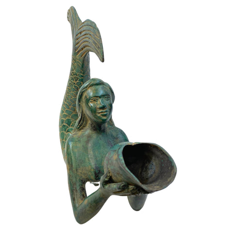 Bronze art Nouveau Mermaid Hold a Seashell Statue Green Verdigris patina lost wax cast Bali Art Coastal Boho Decor