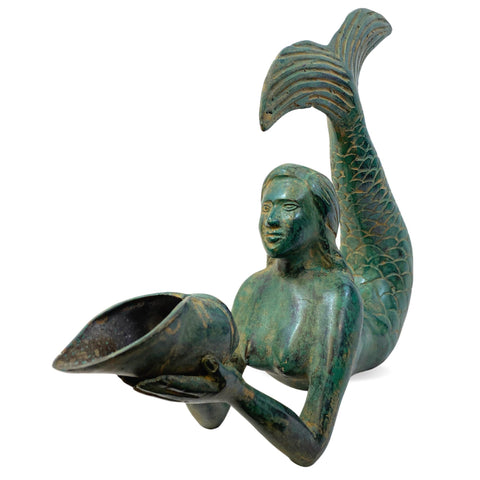 Bronze art Nouveau Mermaid Hold a Seashell Statue Green Verdigris patina lost wax cast Bali Art Coastal Boho Decor