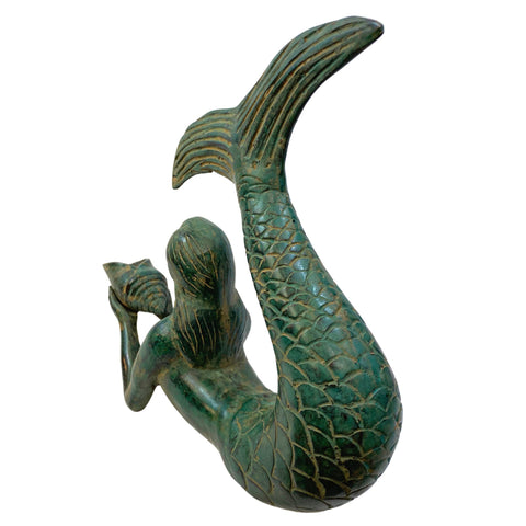 Bronze art Nouveau Mermaid Hold a Seashell Statue Green Verdigris patina lost wax cast Bali Art Coastal Boho Decor