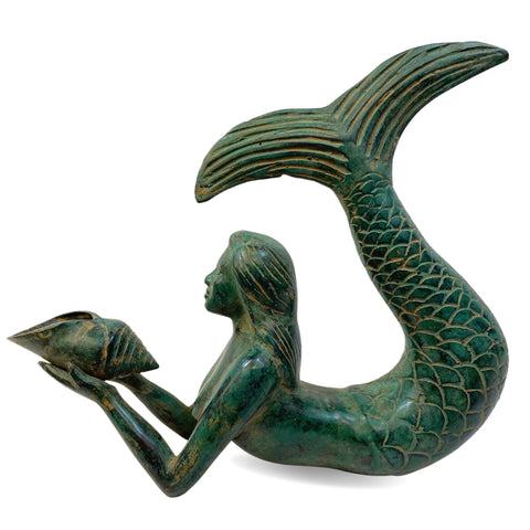 Bronze art Nouveau Mermaid Hold a Seashell Statue Green Verdigris patina lost wax cast Bali Art Coastal Boho Decor