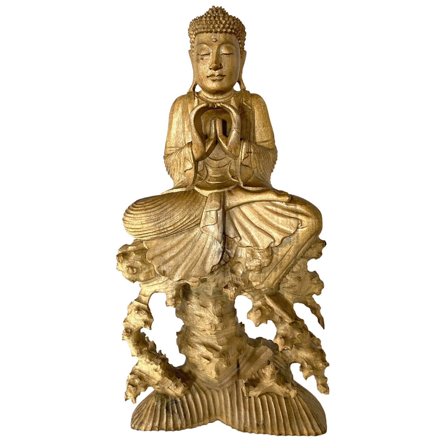 Hand Carved Wood Wishing Jewel Buddha Sculpture - Balinese Art Wood Carving Manidhari Mudra