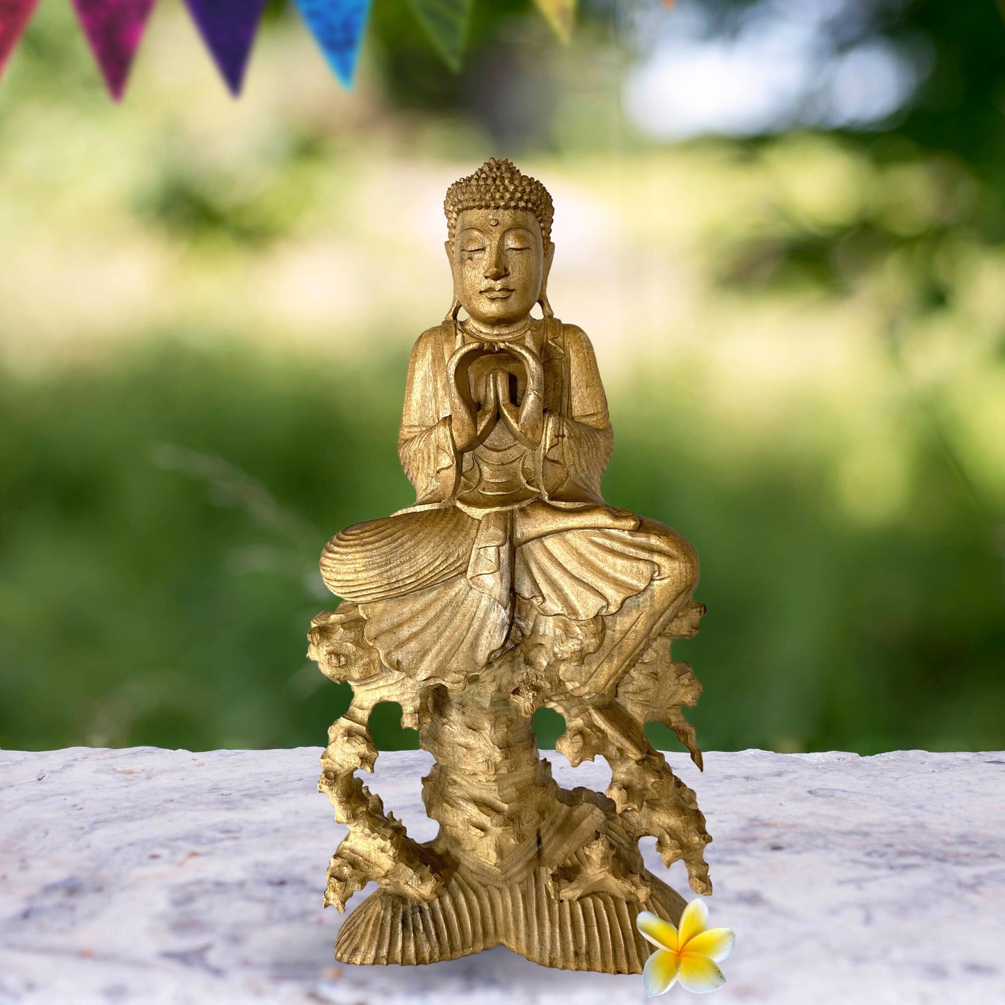 Hand Carved Wood Wishing Jewel Buddha Sculpture - Balinese Art Wood Carving Manidhari Mudra