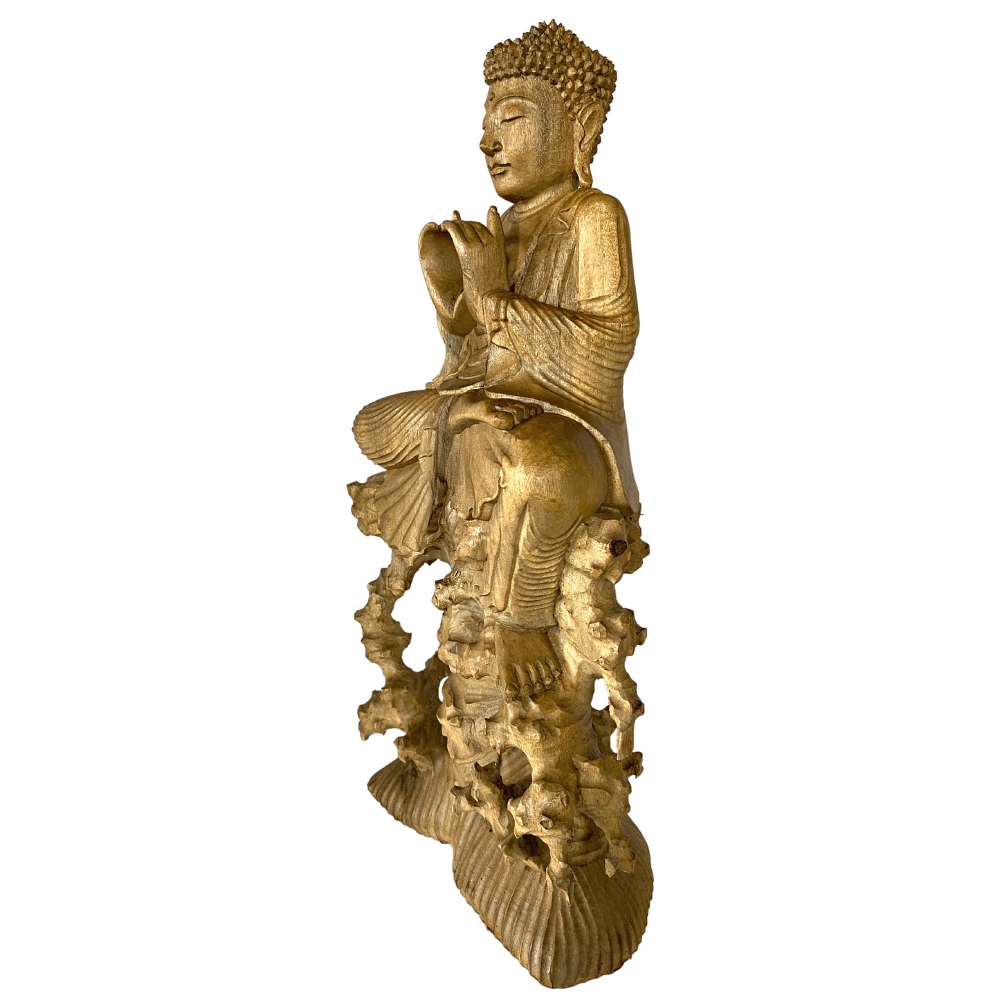 Hand Carved Wood Wishing Jewel Buddha Sculpture - Balinese Art Wood Carving Manidhari Mudra