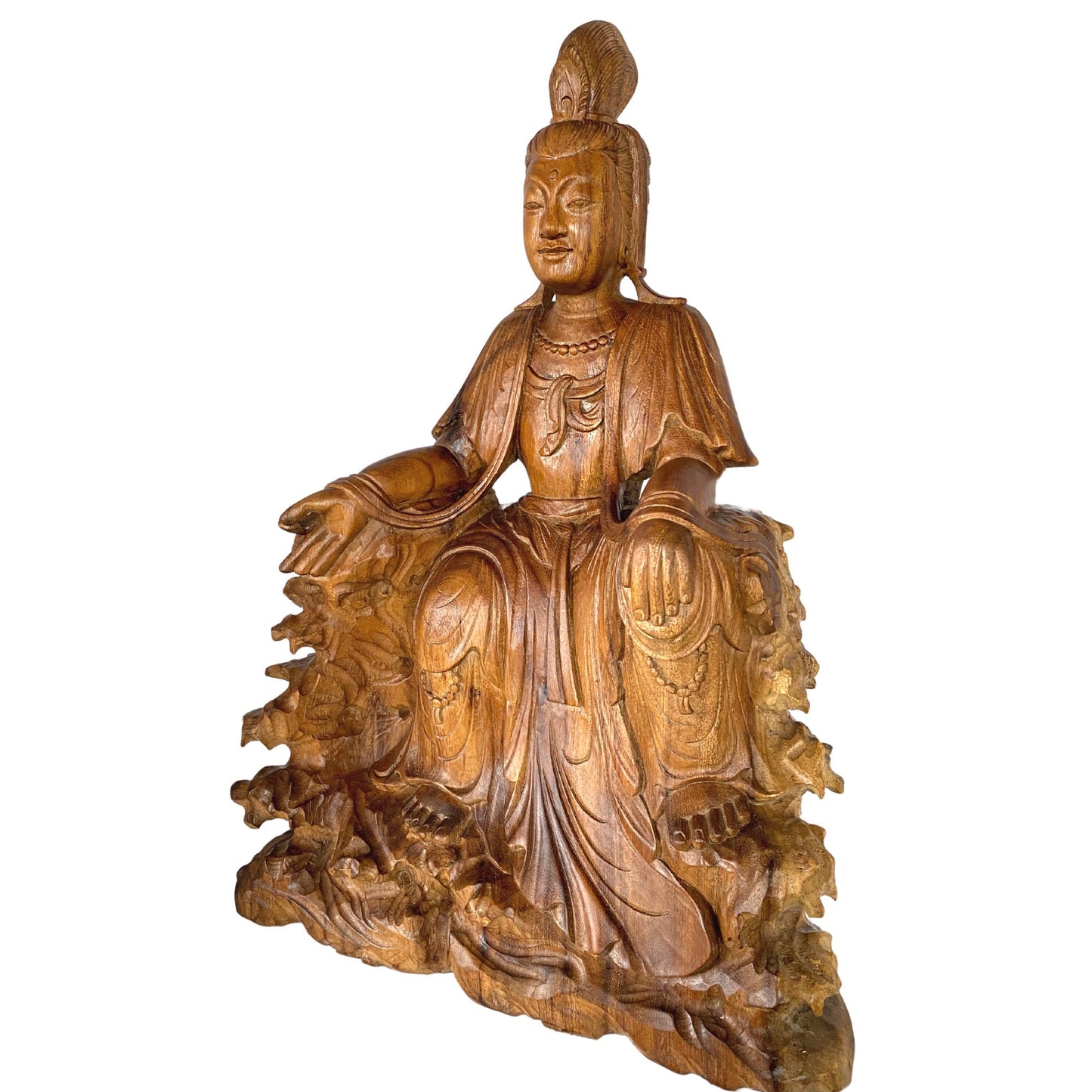 Seated Guanyin Sculpture Bodhisattva Goddess of Compassion Mercy Statue Hand Carved Wood Carving Asian Art Eclectic Decor