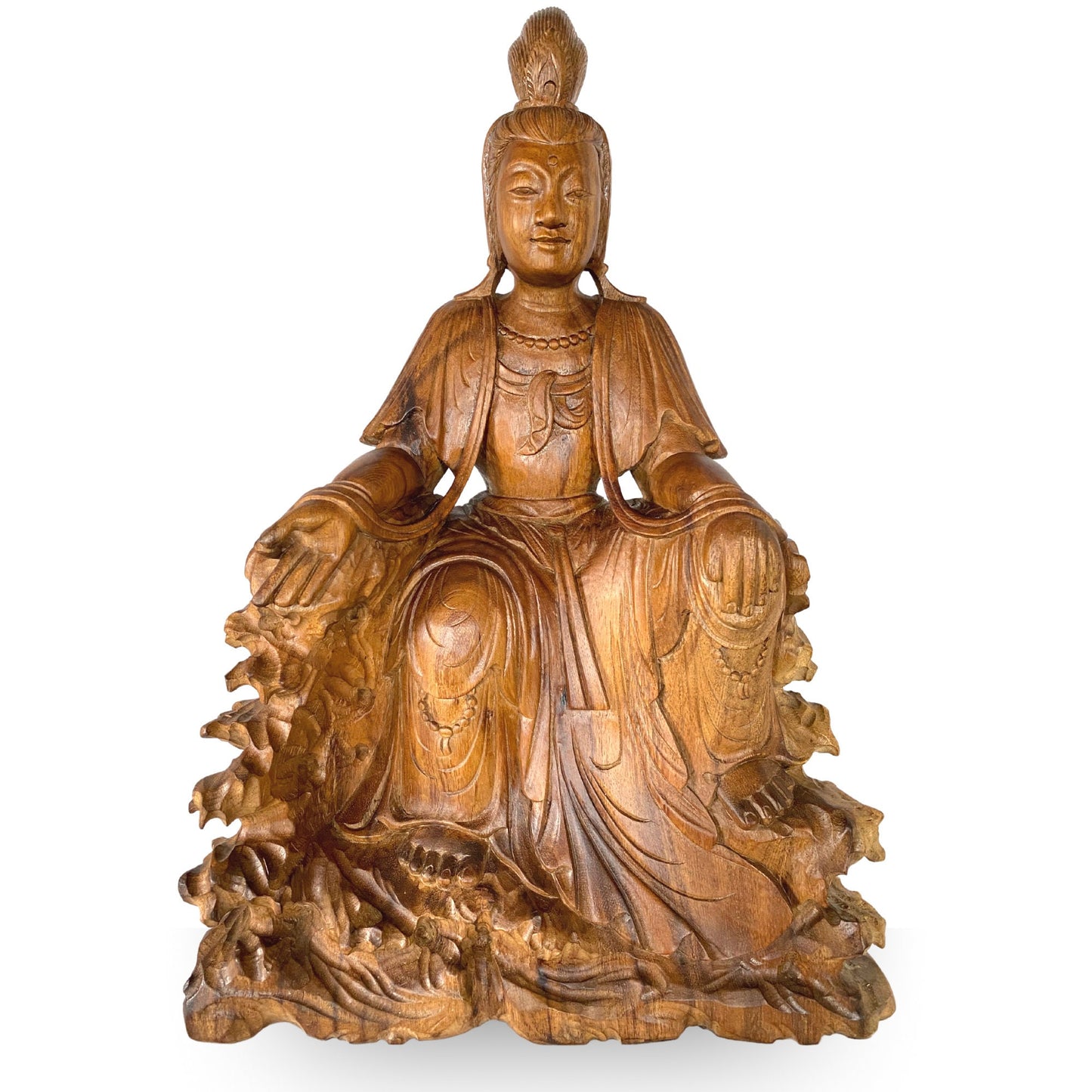 Seated Guanyin Sculpture Bodhisattva Goddess of Compassion Mercy Statue Hand Carved Wood Carving Asian Art Eclectic Decor
