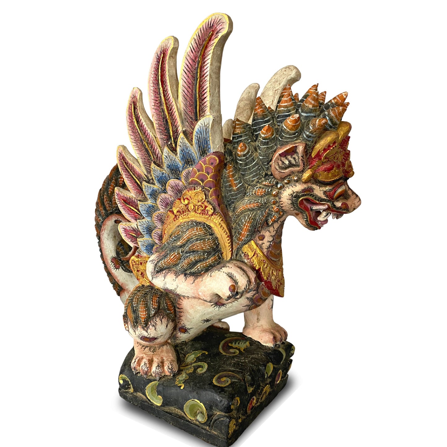 Balinese Singa Barong Winged Lion Statue: Hand Carved Polychrome Wood Sculpture