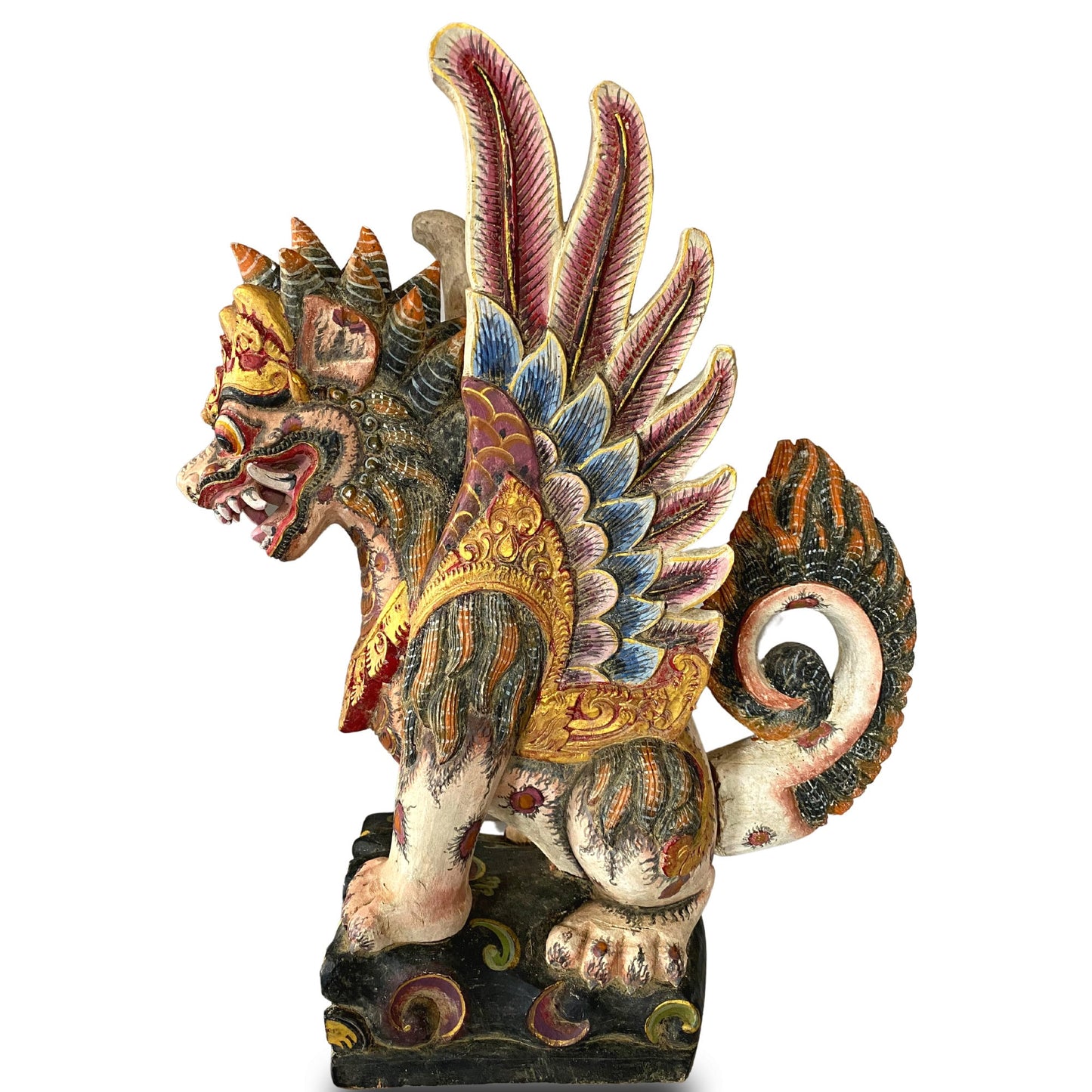 Balinese Singa Barong Winged Lion Statue: Hand Carved Polychrome Wood Sculpture