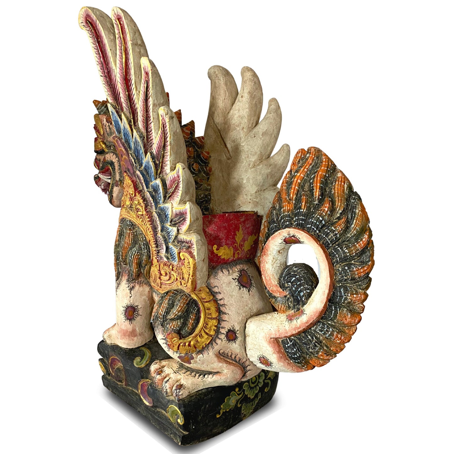 Balinese Singa Barong Winged Lion Statue: Hand Carved Polychrome Wood Sculpture
