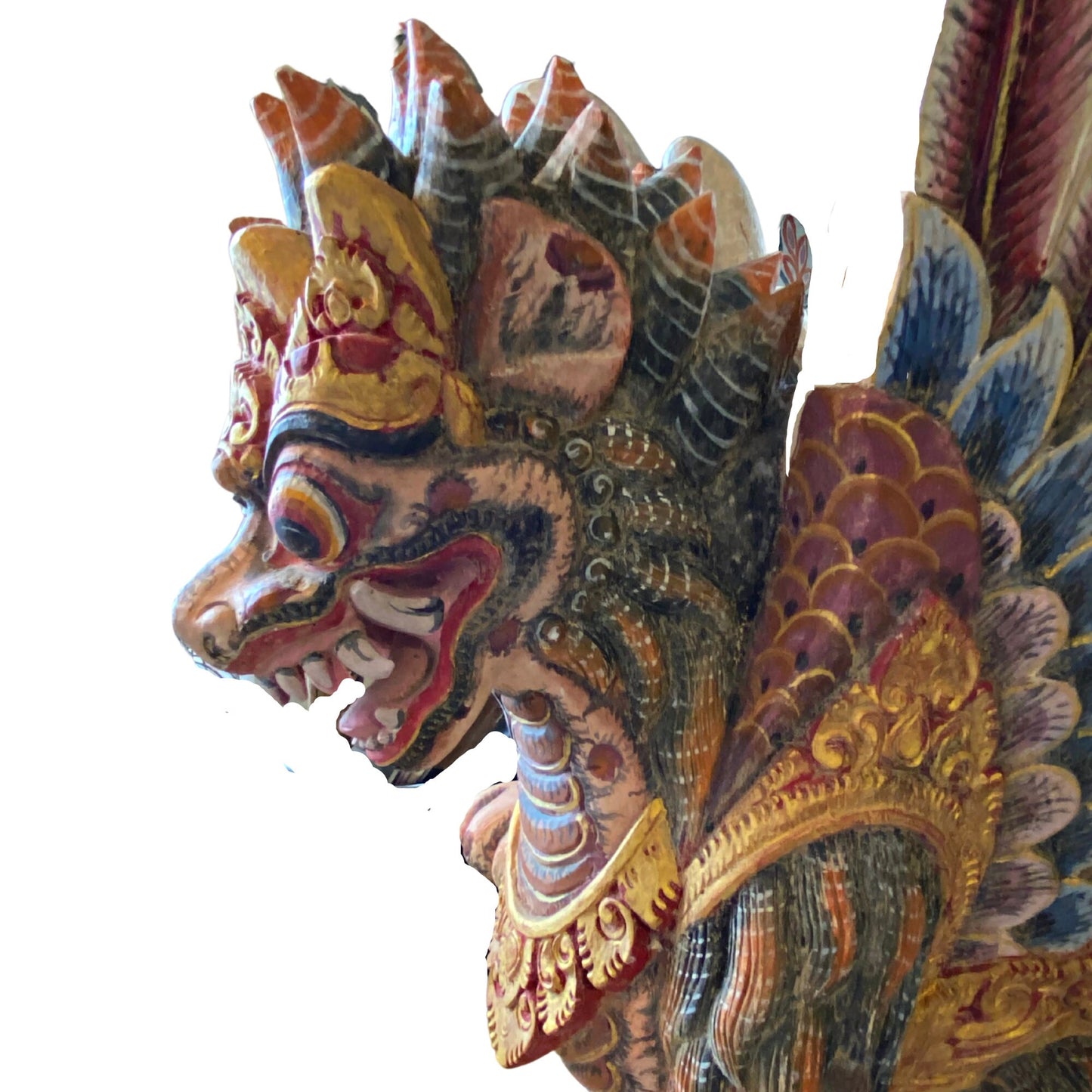 Balinese Singa Barong Winged Lion Statue: Hand Carved Polychrome Wood Sculpture
