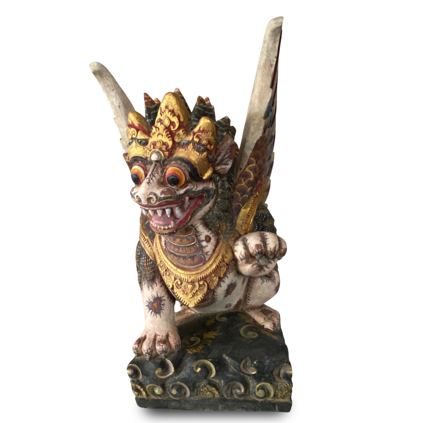 Balinese Singa Barong Winged Lion Statue: Hand Carved Polychrome Cempaka Wood Sculpture