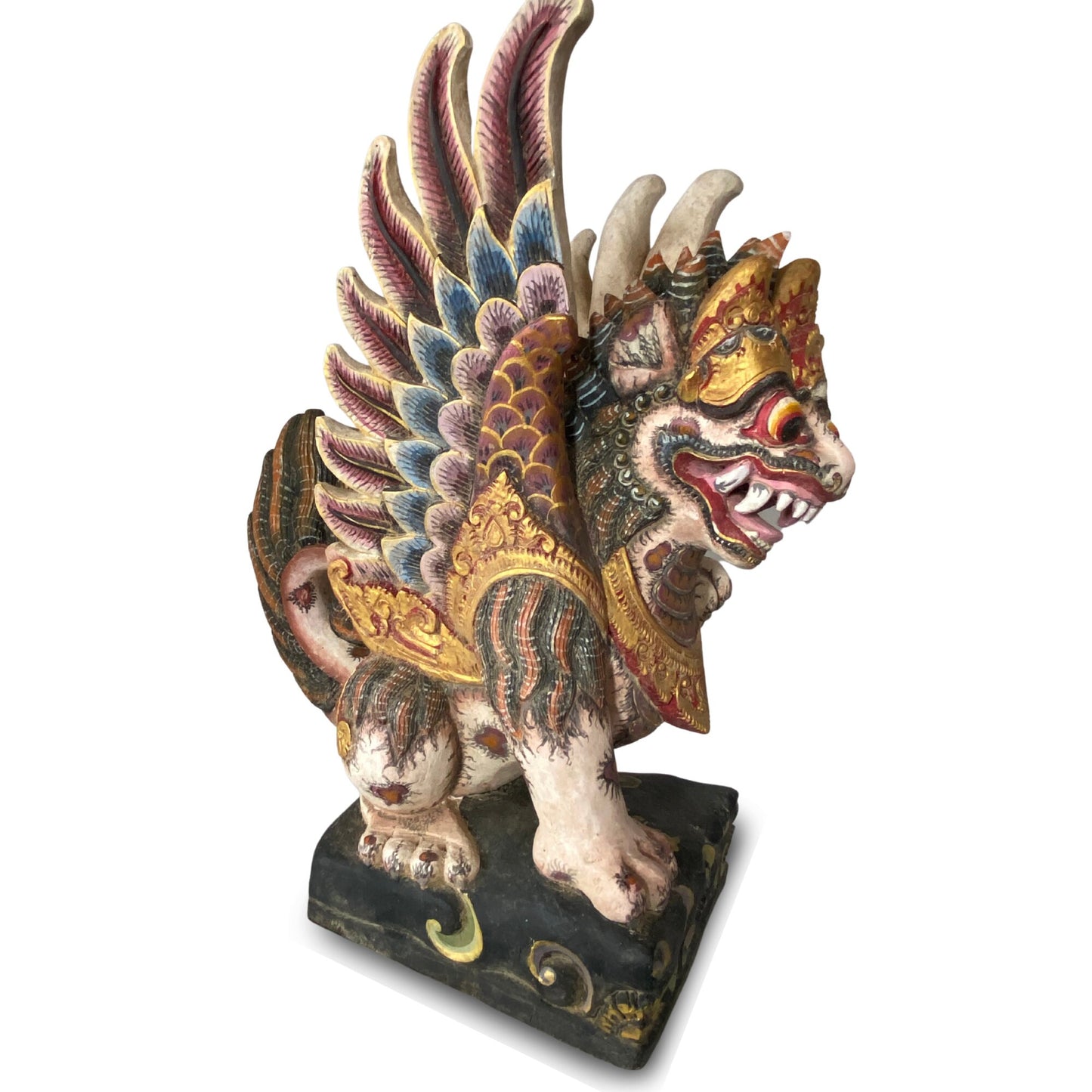 Balinese Singa Barong Winged Lion Statue: Hand Carved Polychrome Cempaka Wood Sculpture