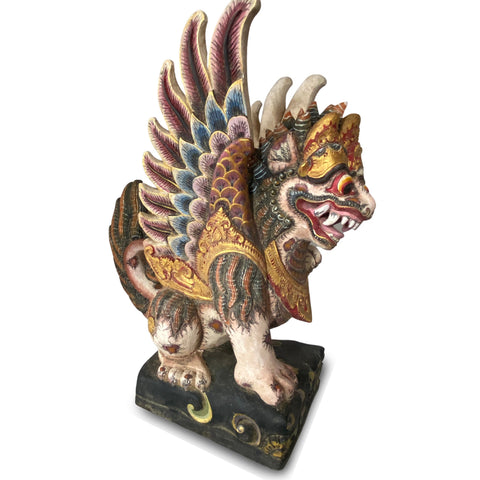 Balinese Singa Barong Winged Lion Paksi Temple Statue Polychrome hand Carved Wood Carving Sculpture Bali Folk Architectural Art singa-b