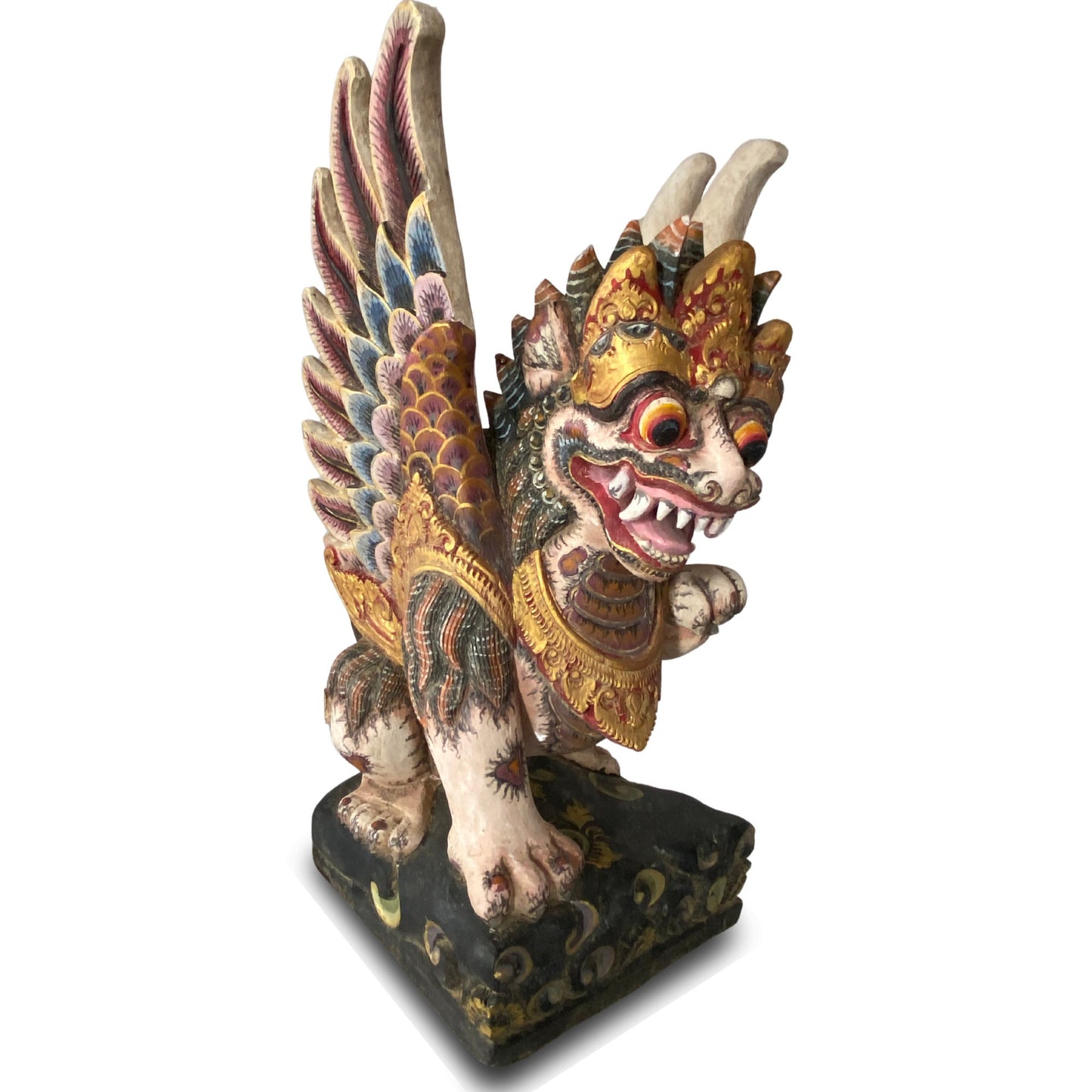 Balinese Singa Barong Winged Lion Statue: Hand Carved Polychrome Cempaka Wood Sculpture