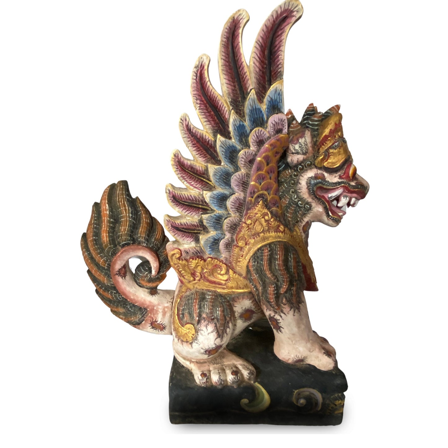 Balinese Singa Barong Winged Lion Statue: Hand Carved Polychrome Cempaka Wood Sculpture