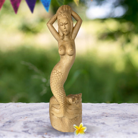 Mermaid Siren Sea Maid Sculpture Hand Carved Wood Carving Statue Hand Carved Balinese Art Boho Nautical Decor