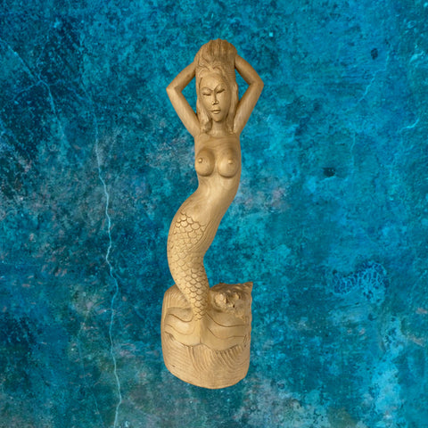 Mermaid Siren Sea Maid Sculpture Hand Carved Wood Carving Statue Hand Carved Balinese Art Boho Nautical Decor