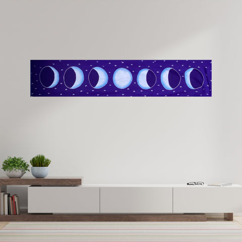 Lunar Moon Phase Wall hanging Banner Handmade Bali Blue Hand drawn Batik Fabric Boho Eclectic Home Decor Celestial Art