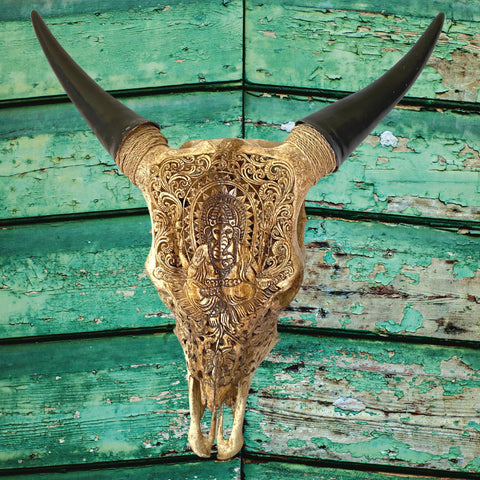 Bali Ganesha HAND CARVED Cow Steer SKULL horn Taxidermy Bull Wall Mount Balinese Bone Carving Art Eclectic Boho Decor