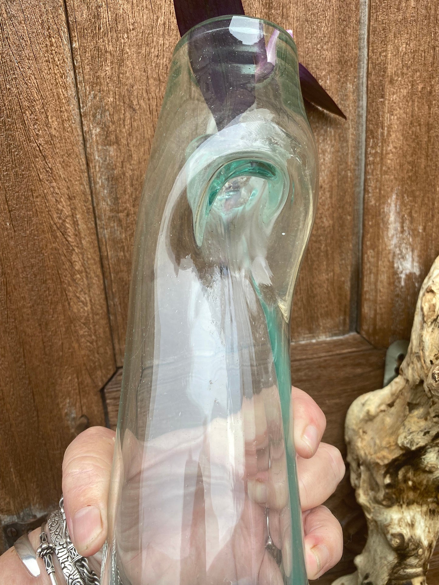Hand Blown Glass hydroponics Propagation Vase: Teak Wood Base, Balinese Art