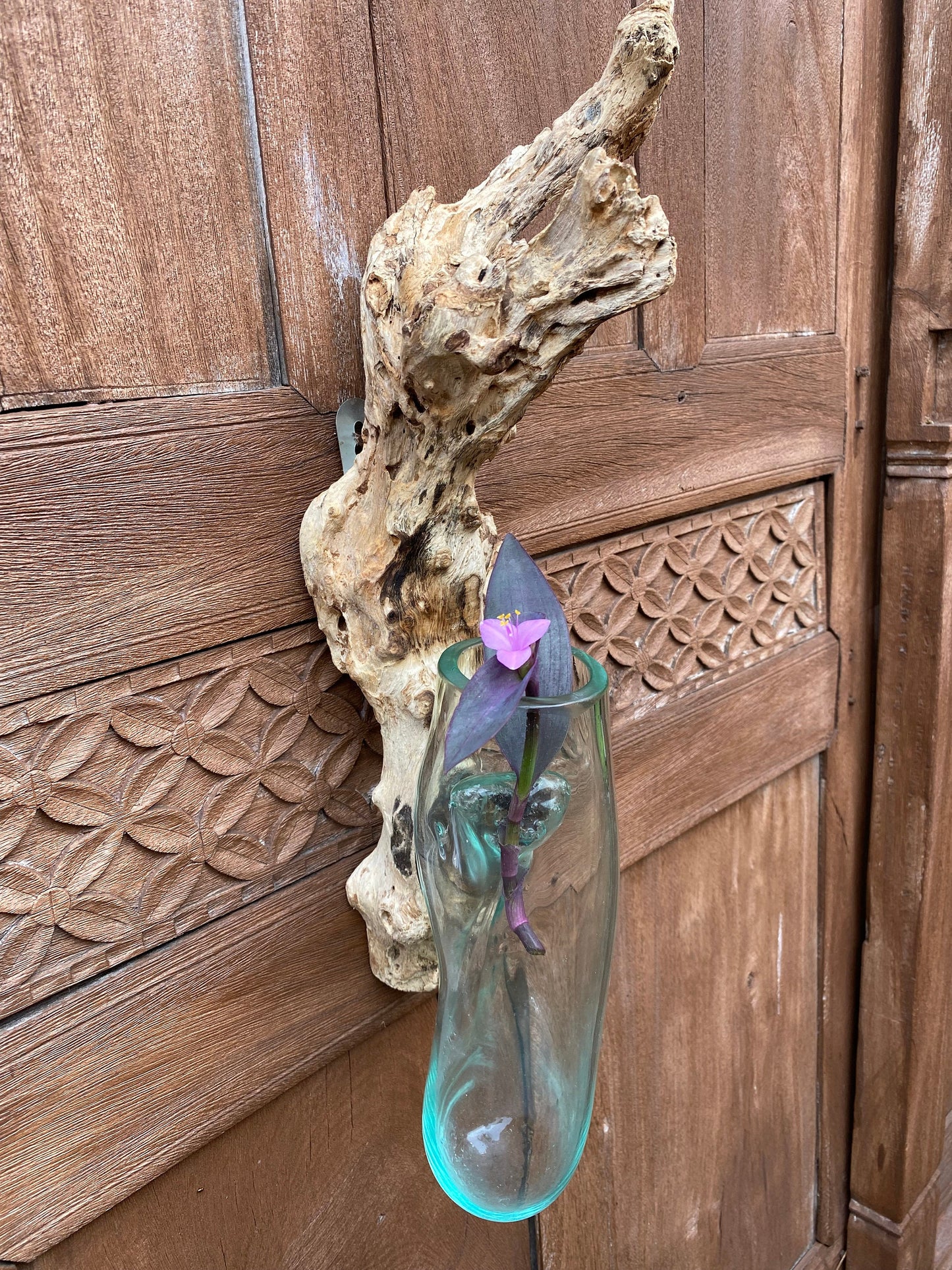 Hand Blown Glass hydroponics Propagation Vase: Teak Wood Base, Balinese Art