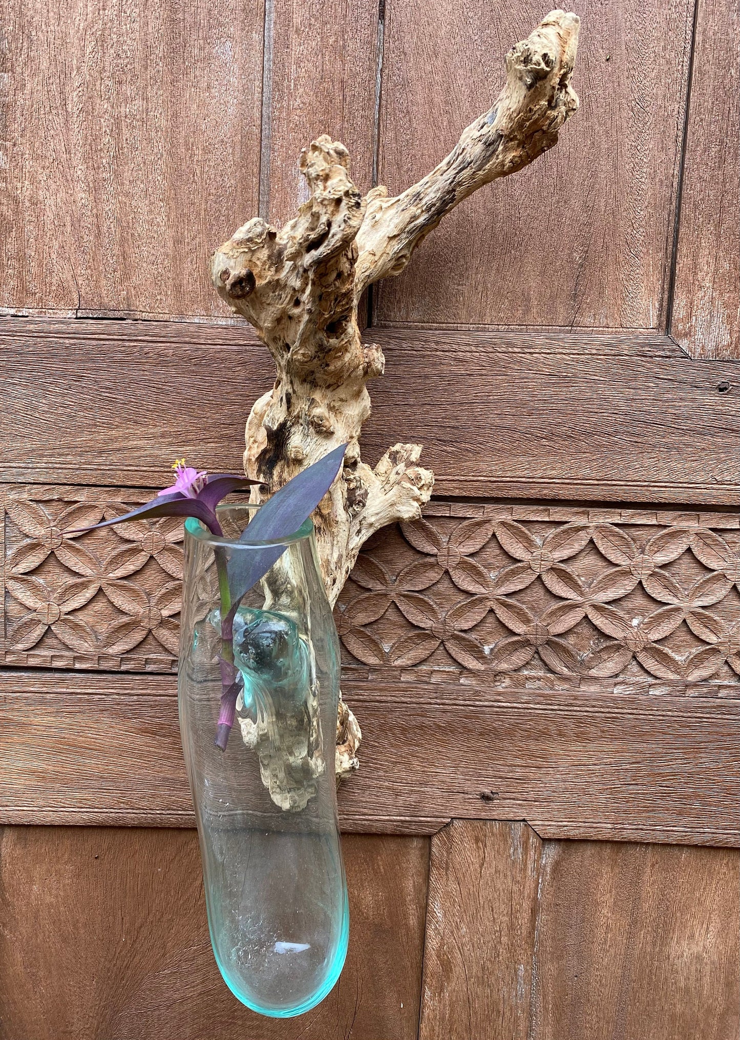 Hand Blown Glass hydroponics Propagation Vase: Teak Wood Base, Balinese Art