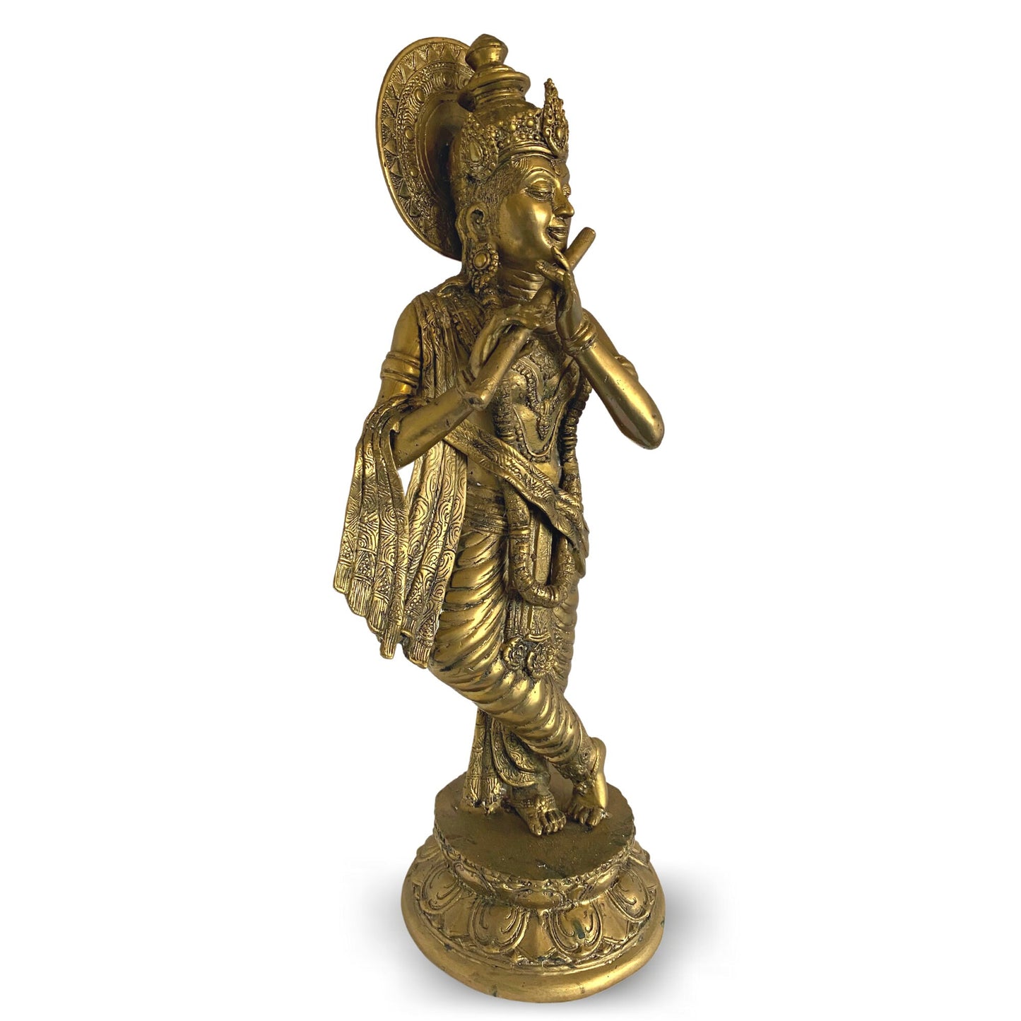 Lord Krishna Bronze Statue Playing Flute Padma lost wax cast Bronze Metal sculpture Oxidized Patina Handmade Balinese Hindu Art Hinduism 23&quot;