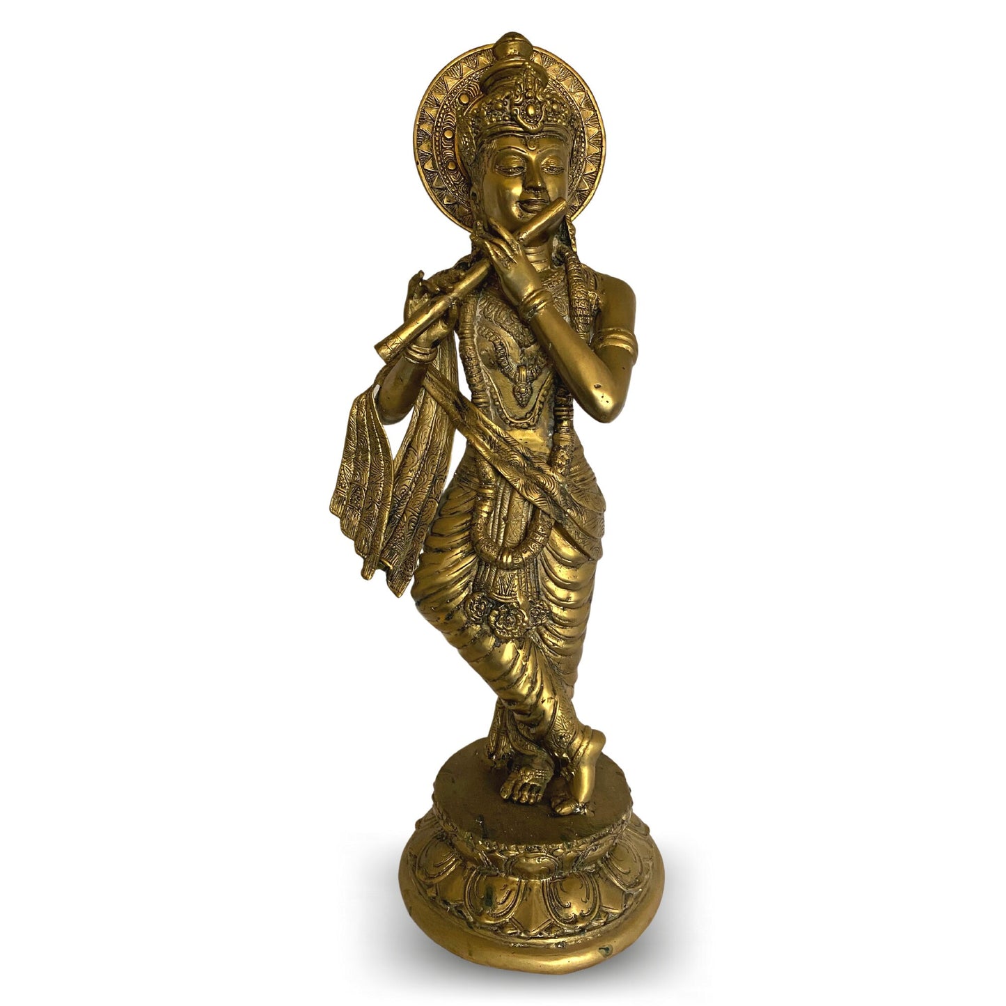 Lord Krishna Bronze Statue Playing Flute Padma lost wax cast Bronze Metal sculpture Oxidized Patina Handmade Balinese Hindu Art Hinduism 23&quot;
