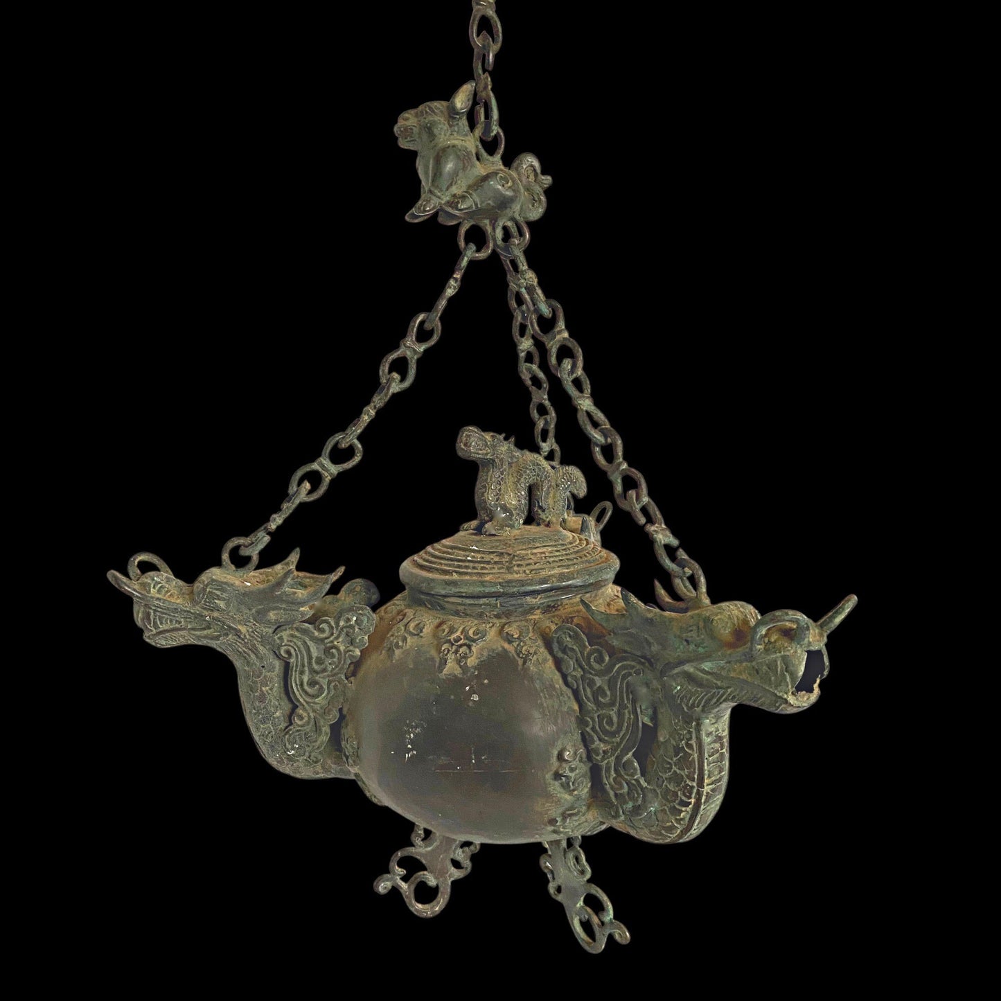 Vintage Bronze Triple Dragon Oil Lamp: Balinese Temple Art, Verdigris Patina Lantern