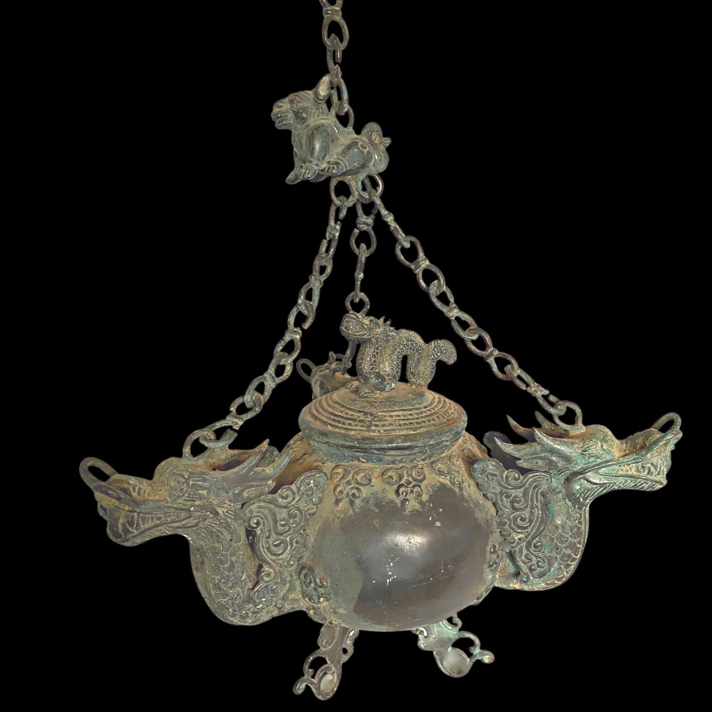 Vintage Bronze Triple Dragon Oil Lamp: Balinese Temple Art, Verdigris Patina Lantern