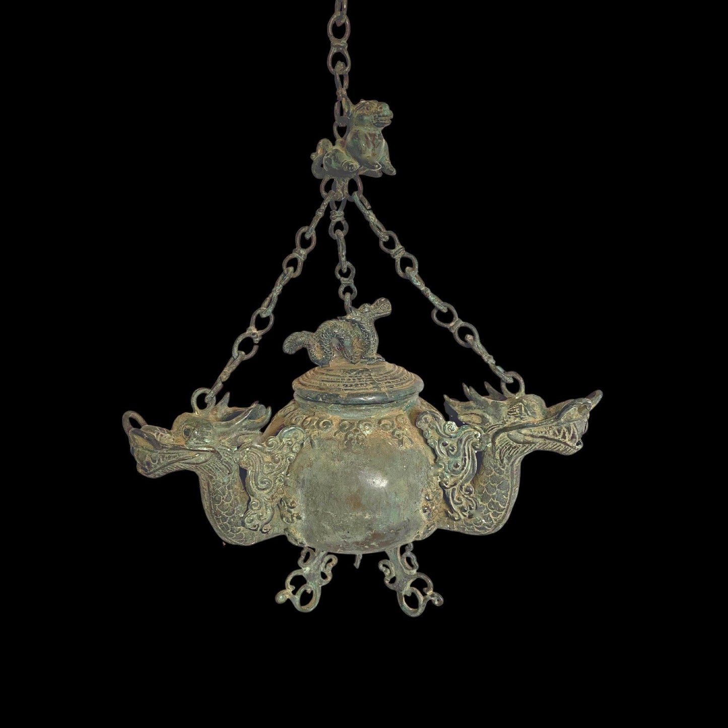Vintage Bronze Triple Dragon Oil Lamp: Balinese Temple Art, Verdigris Patina Lantern