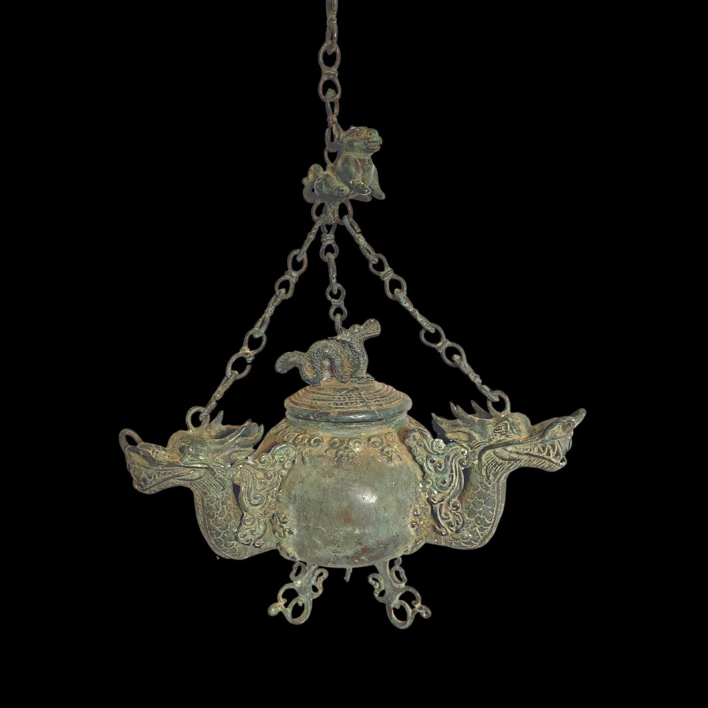 Vintage Bronze Triple Dragon Oil Lamp: Balinese Temple Art, Verdigris Patina Lantern