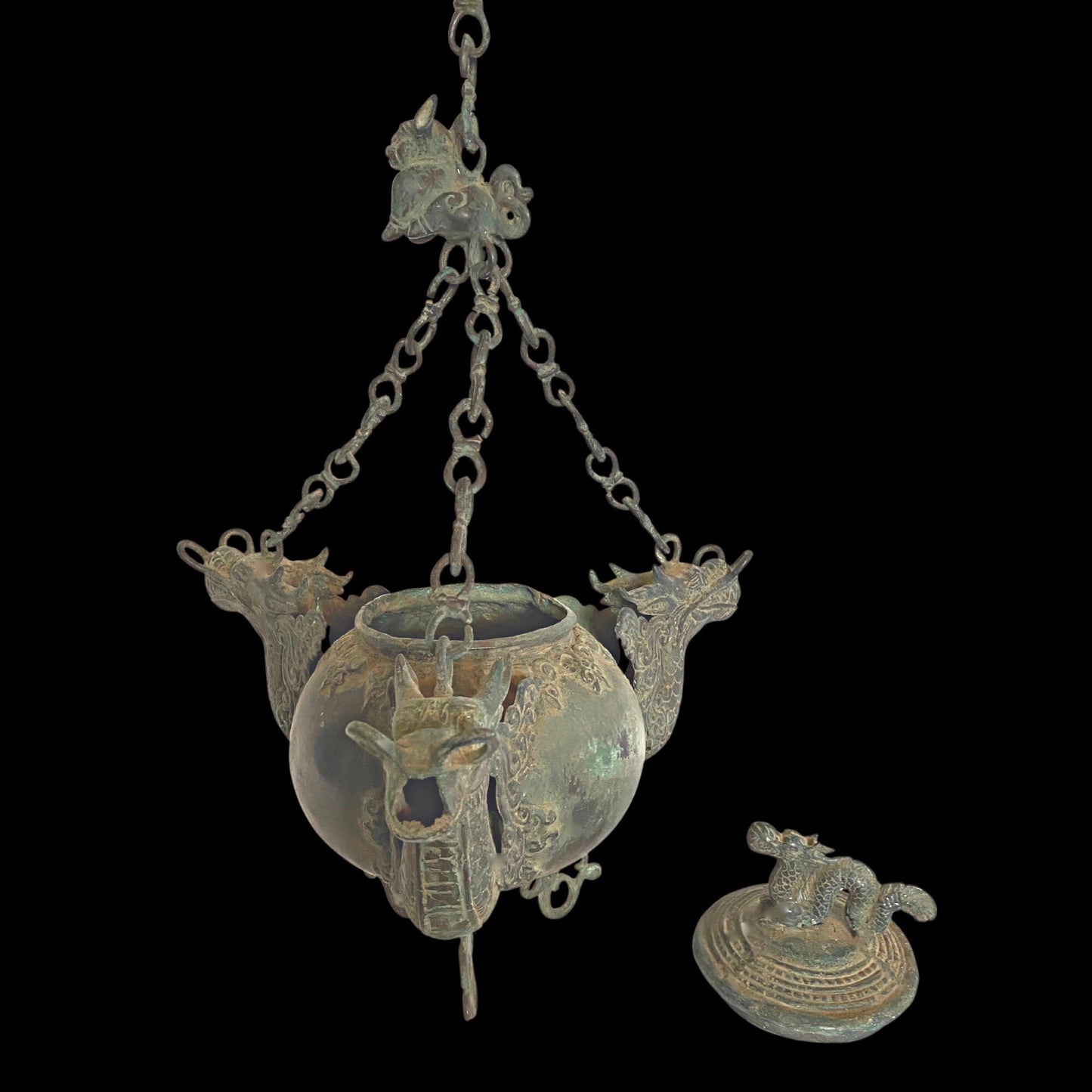 Vintage Bronze Triple Dragon Oil Lamp: Balinese Temple Art, Verdigris Patina Lantern