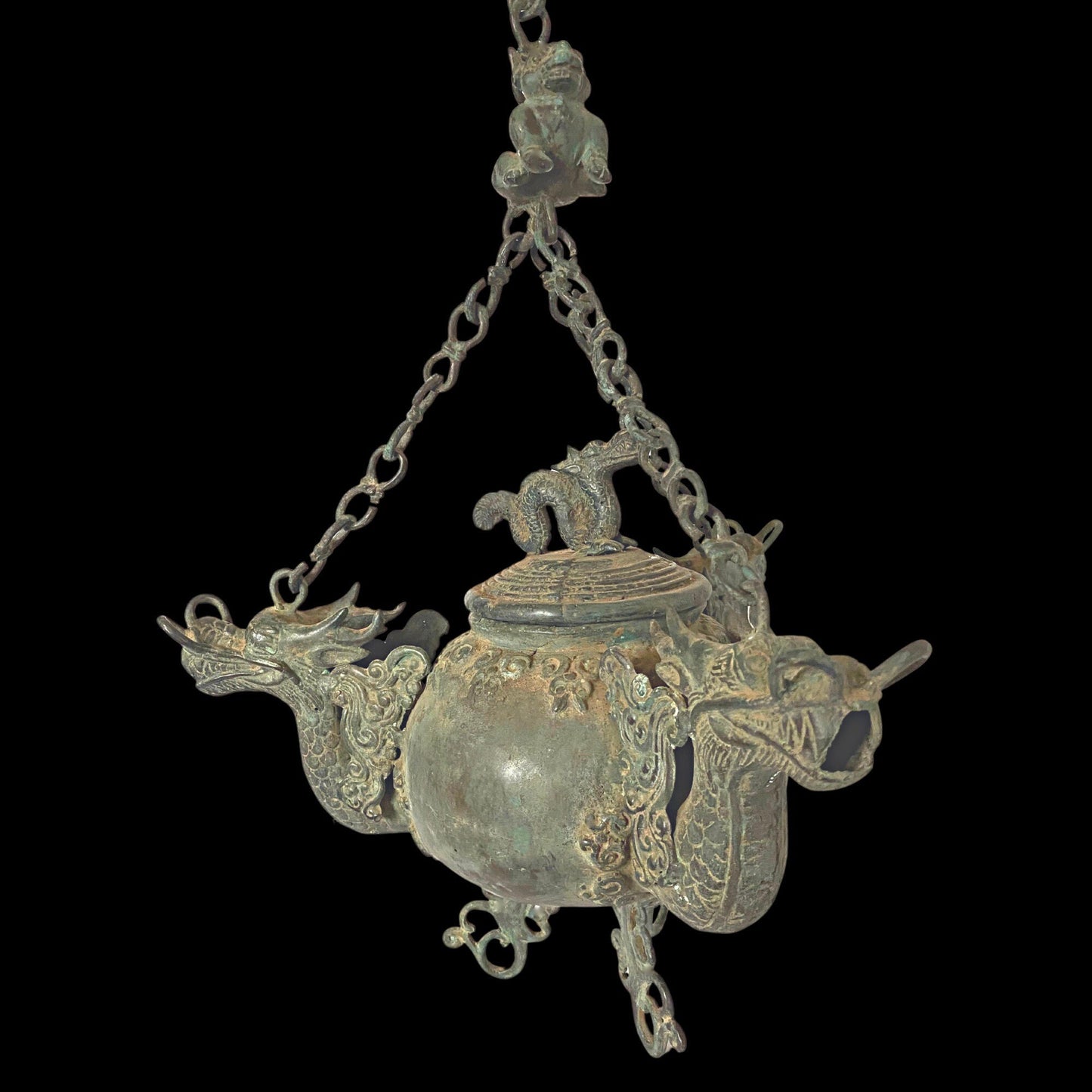 Vintage Bronze Triple Dragon Oil Lamp: Balinese Temple Art, Verdigris Patina Lantern