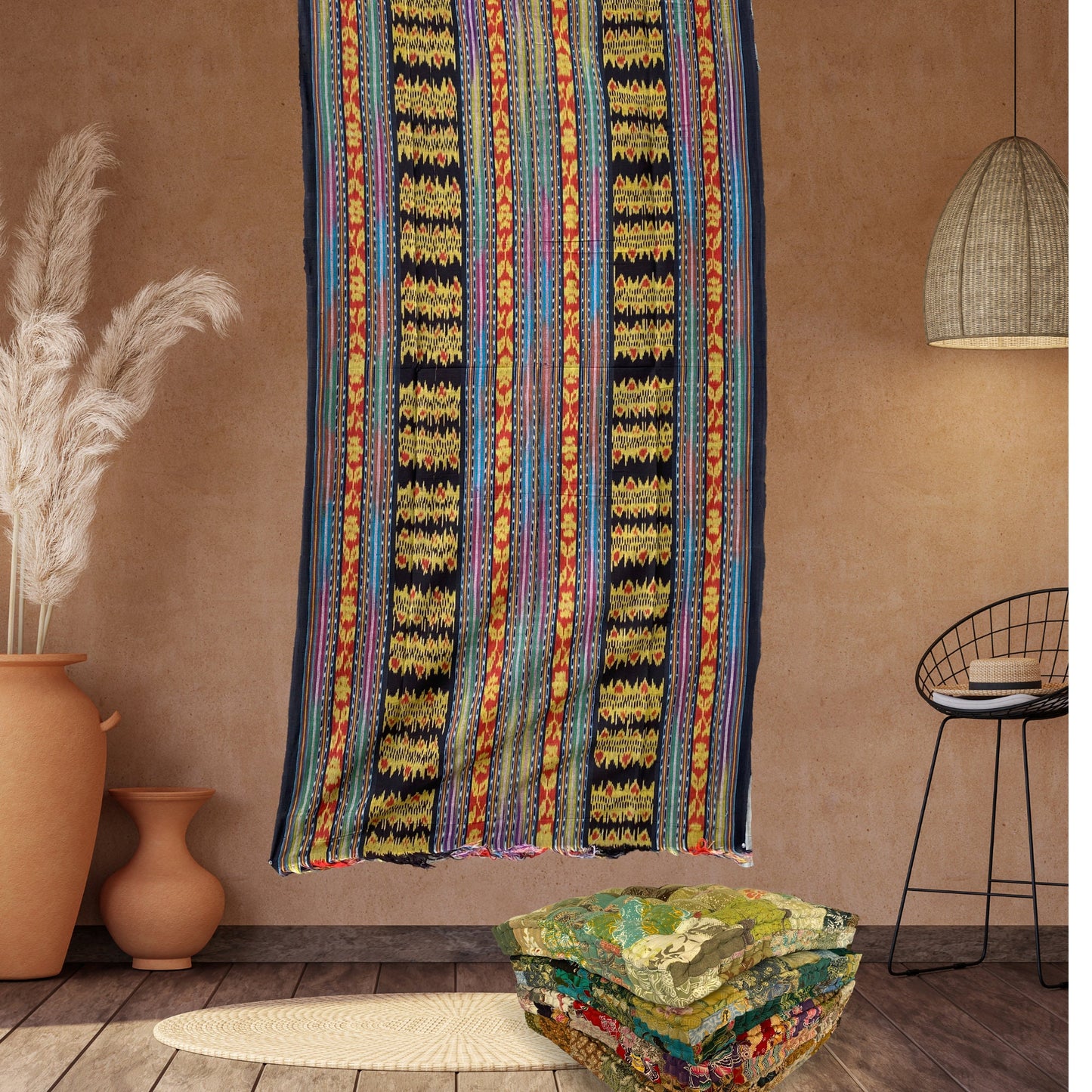 Handwoven Indonesian Ikat Cotton Throw: Hand Loomed  Ethnic Cloth Wall Hanging (45x90 inches)