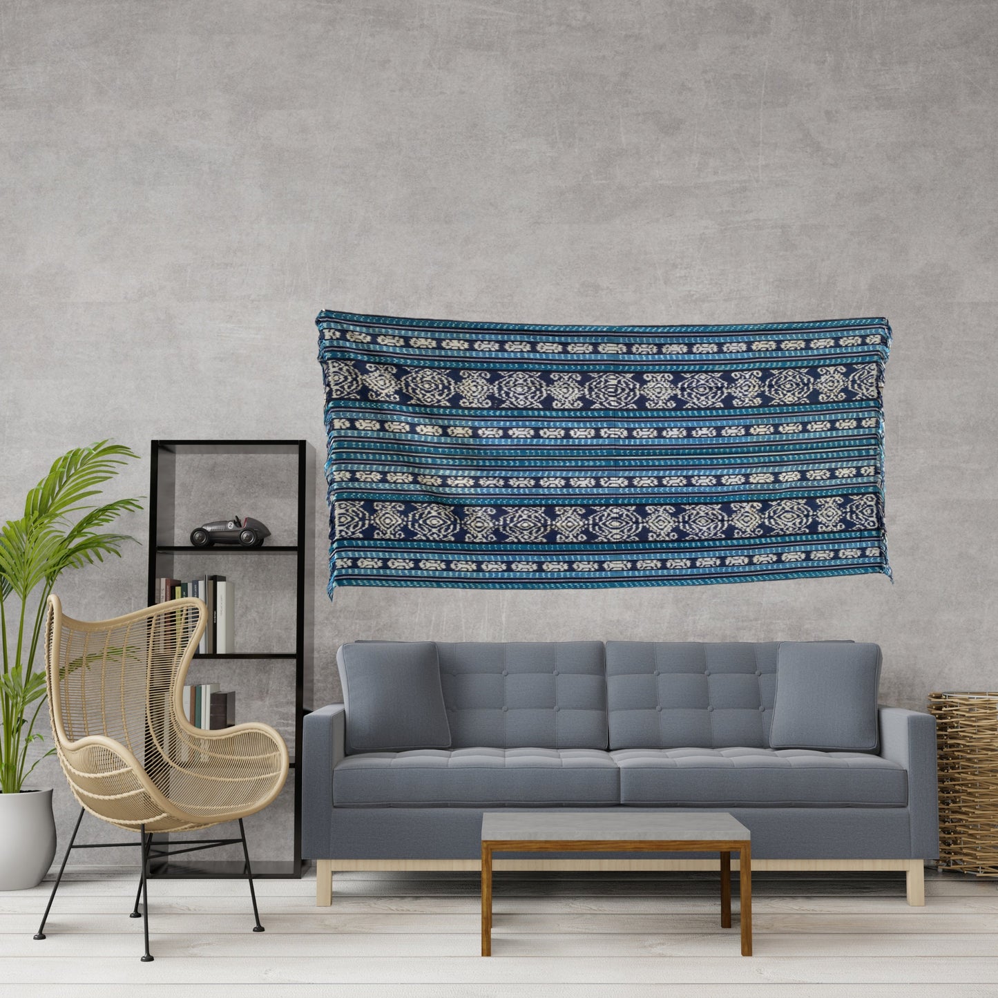 Handwoven Indonesian Ikat Cotton Cloth Throw: Hand Loomed Indigo Blue Ethnic Tapestry