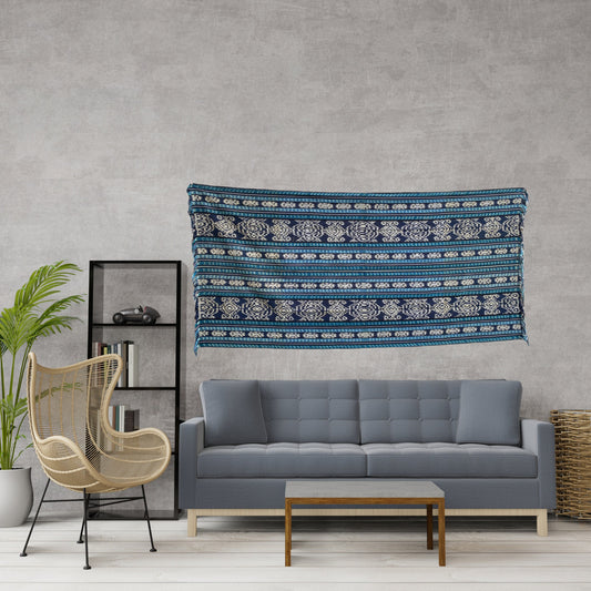 Handwoven Indonesian Ikat Cotton Cloth Throw: Hand Loomed Indigo Blue Ethnic Tapestry