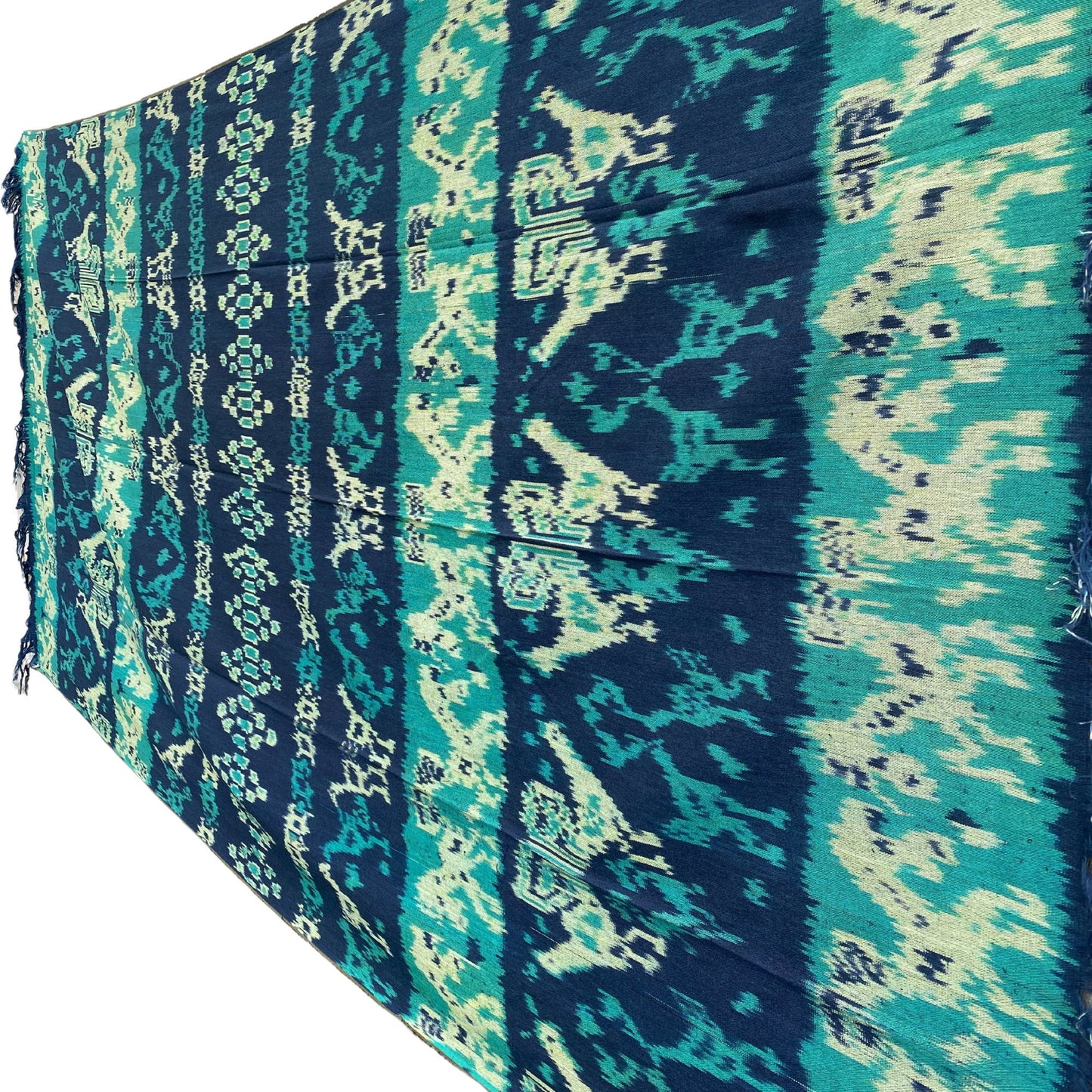 Handwoven Indonesian Ikat Cotton Cloth Blanket: Hand Loomed Indigo Turquoise Ethnic Tapestry