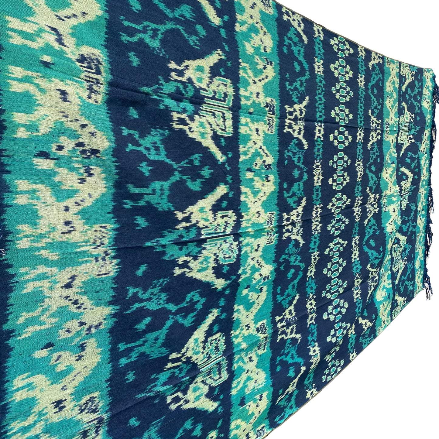 Handwoven Indonesian Ikat Cotton Cloth Blanket: Hand Loomed Indigo Turquoise Ethnic Tapestry