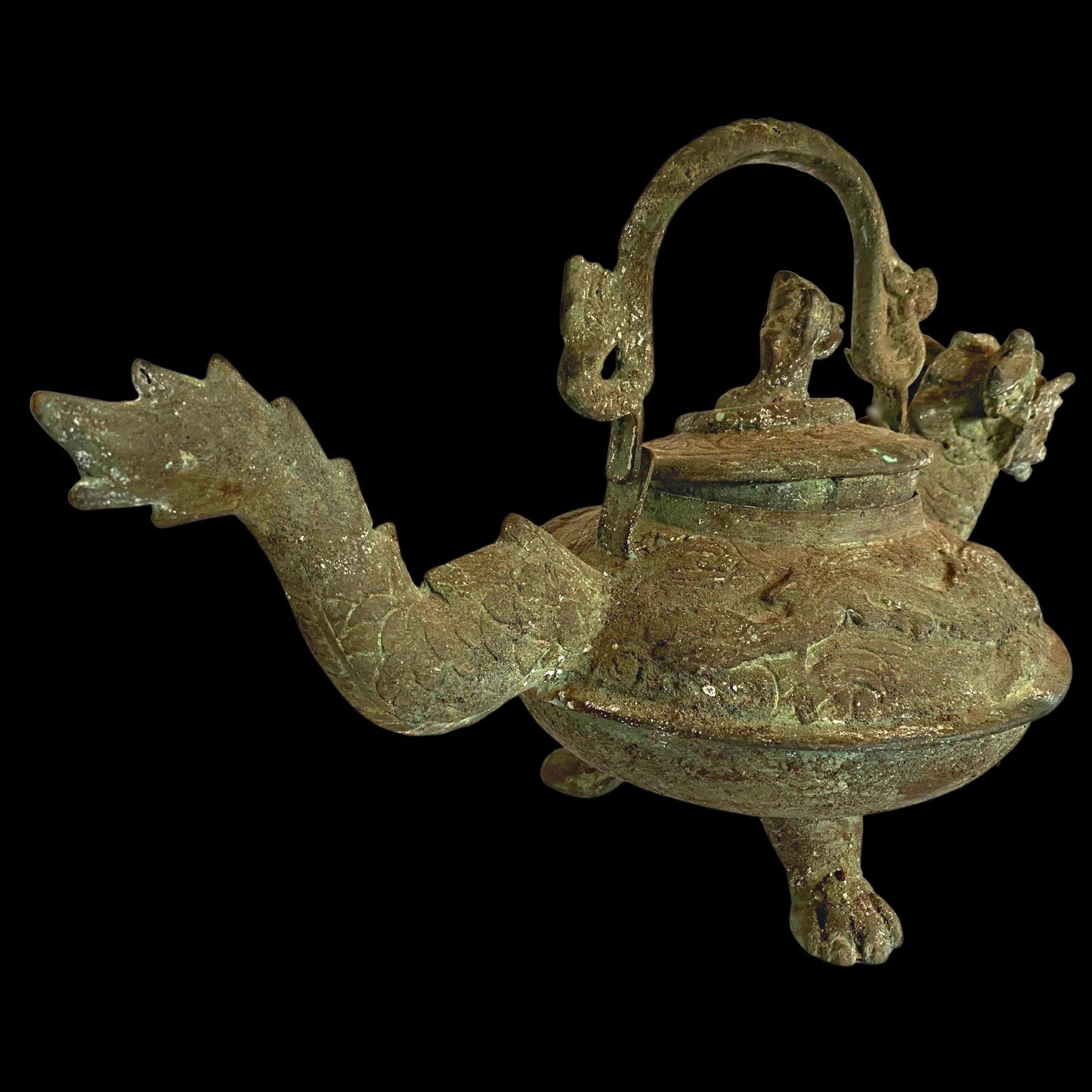 Vintage Dragon Water Pot Naga teapot Statue Verdigris Bronze Lost Wax Cast Metal Indonesian Temple Art Balinese Folk Art